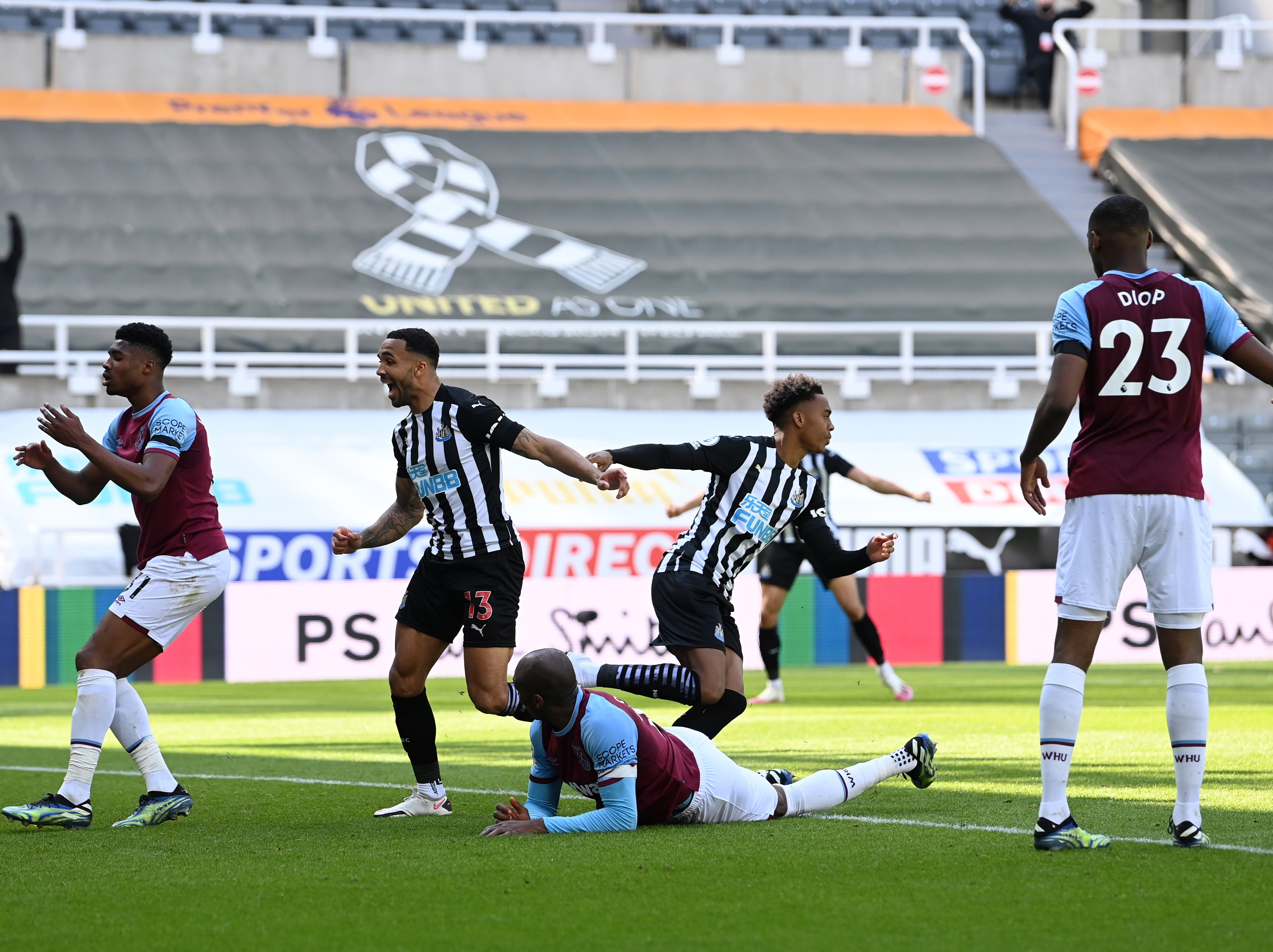 Joe Willock (centre right) celebrates his headed goal at St James’ Park