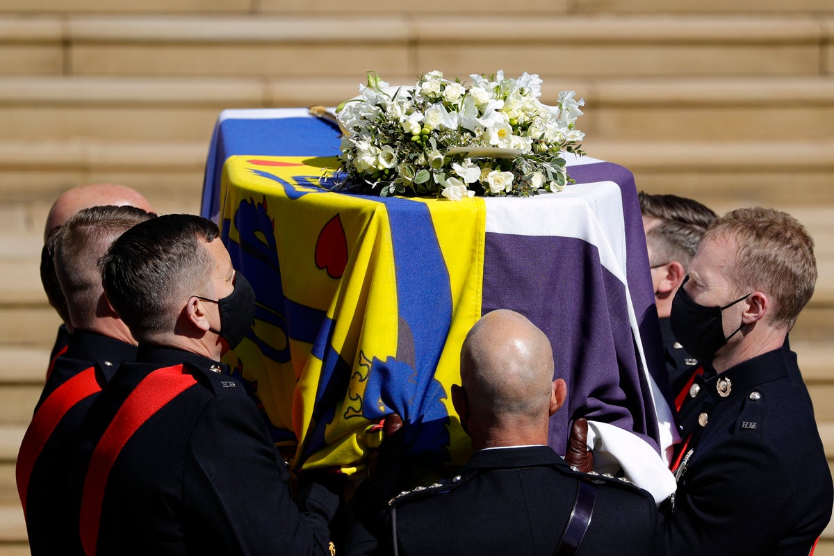 The coffin arrives at St George's Chapel for the funeral of Britain's Prince Philip inside Windsor Castle