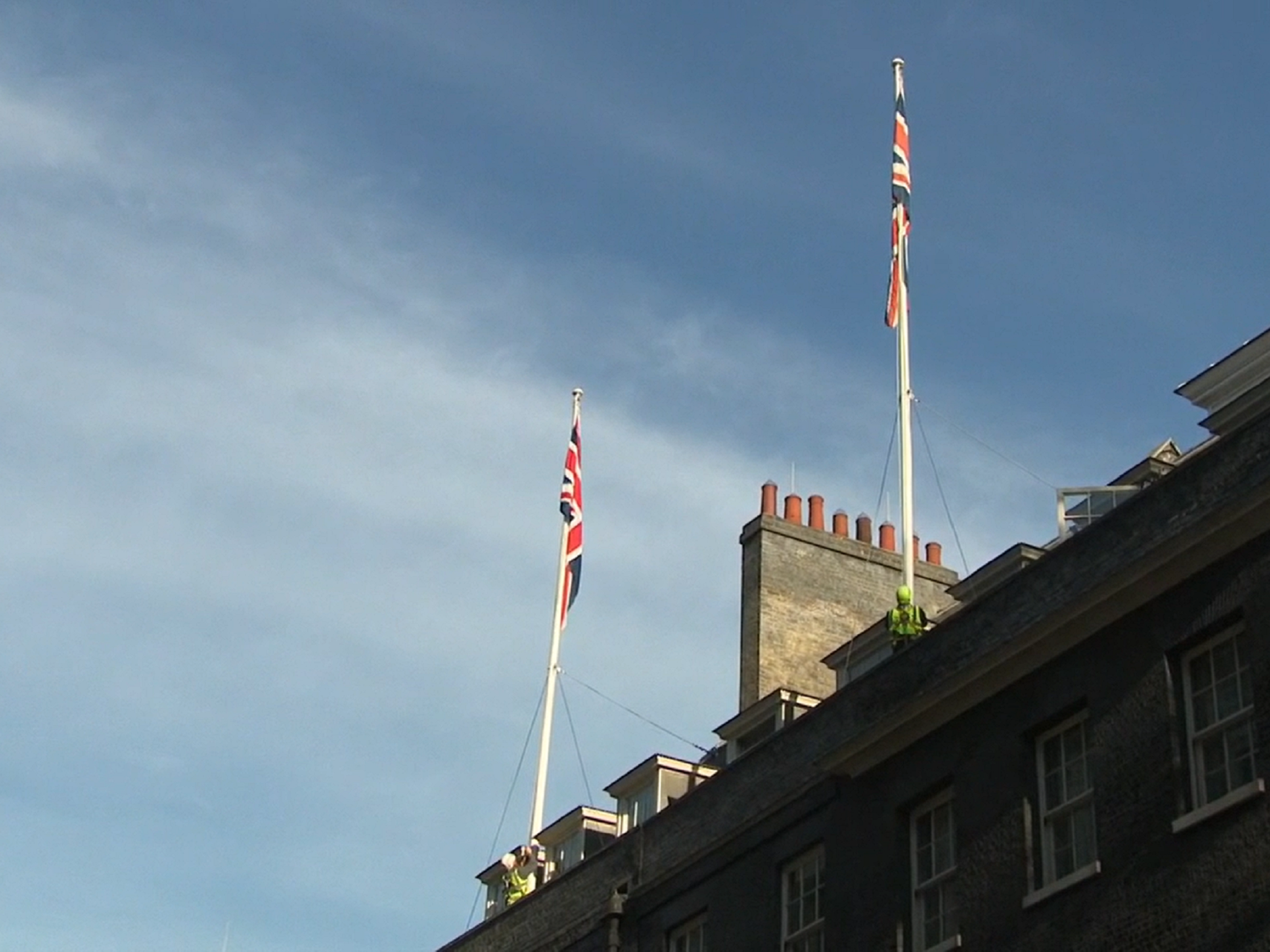 The union flags outside the prime minister’s official resident at 10 Downing Street have been raised to full mast following Prince Philip’s funeral