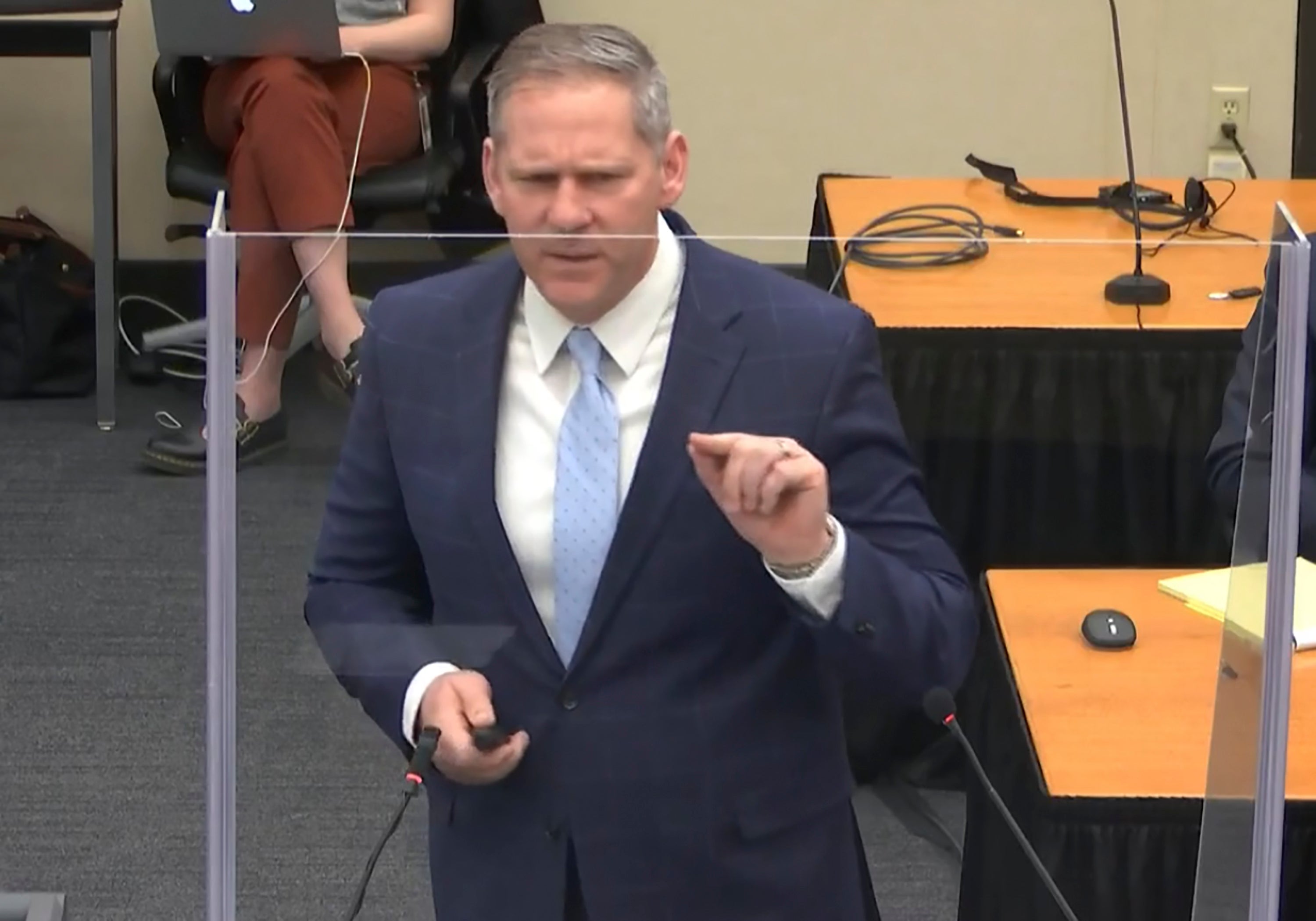 In this image from video, prosecutor Steve Schleicher gives closing arguments as Hennepin County Judge Peter Cahill presides Monday, April 19, 2021, in the trial of former Minneapolis police Officer Derek Chauvin at the Hennepin County Courthouse in Minneapolis. Chauvin is charged in the May 25, 2020 death of George Floyd. (Court TV via AP, Pool)