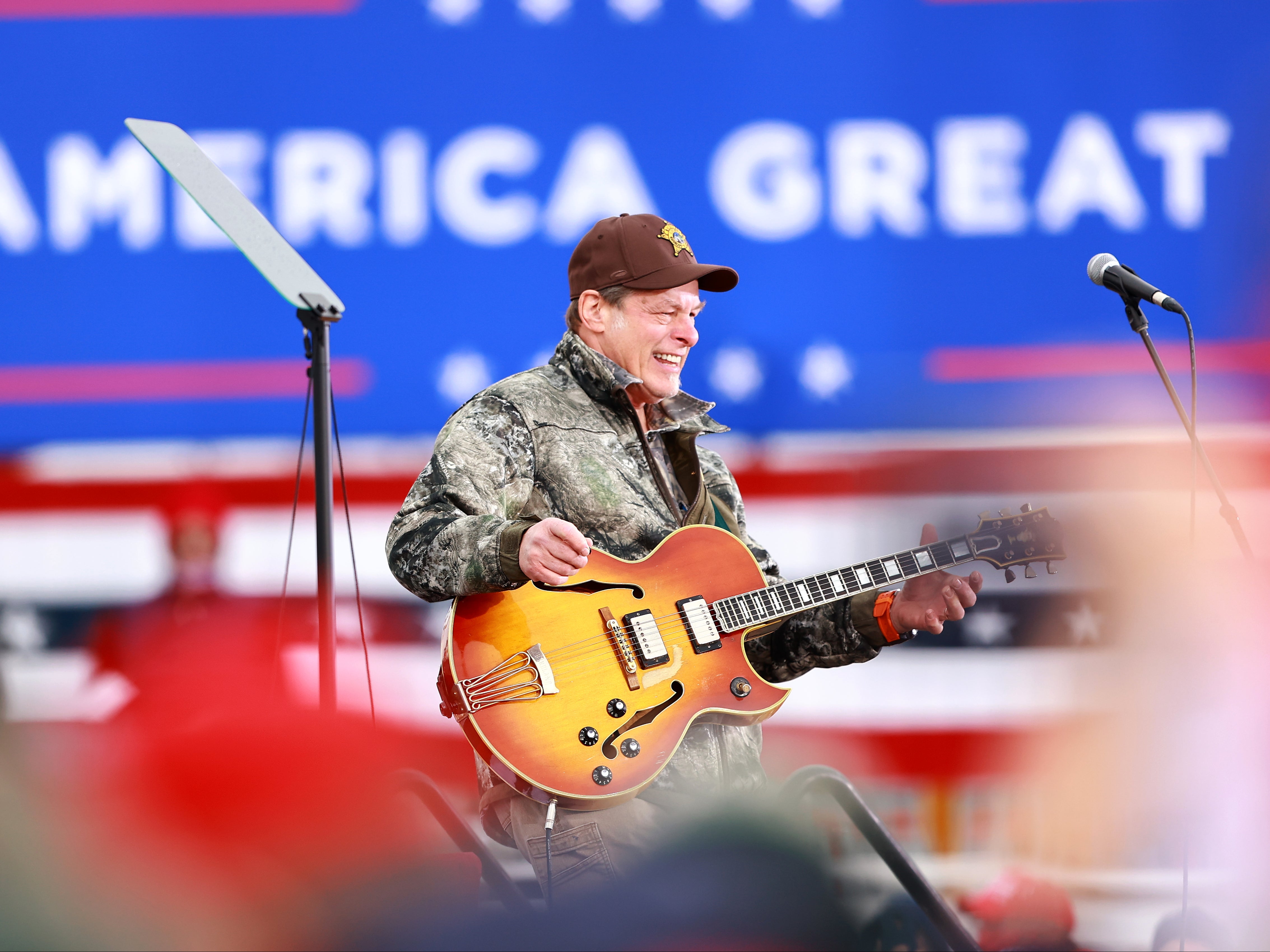 Nugent on stage at a Trump campaign rally in 2020