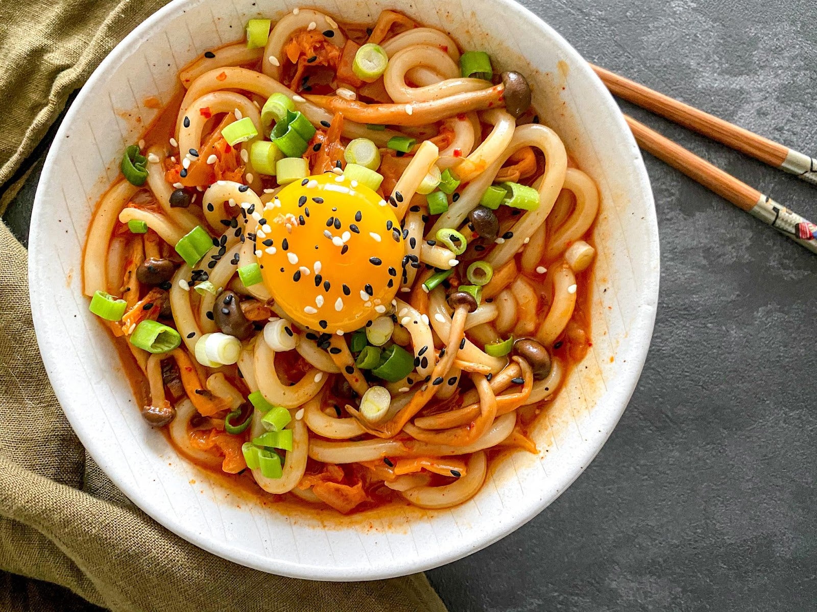 Lip-smacking: Kimchi and udon noodles are a fantastic combination in this creamy, gochujang-infused dish