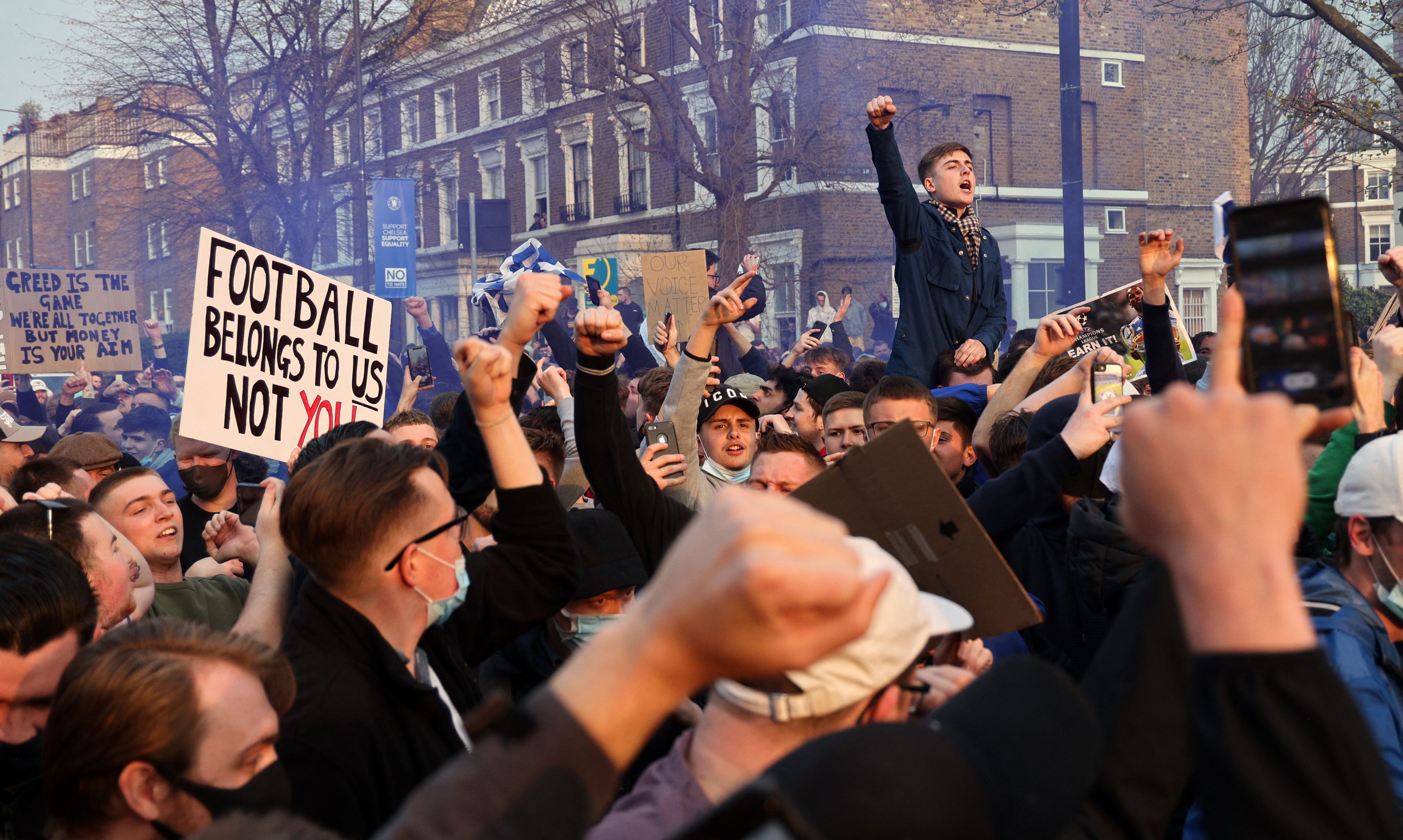 Fans protesting the ESL at Stamford Bridge last month. The Premiership and its broadcast partners are hoping they will pay up for subscriptions