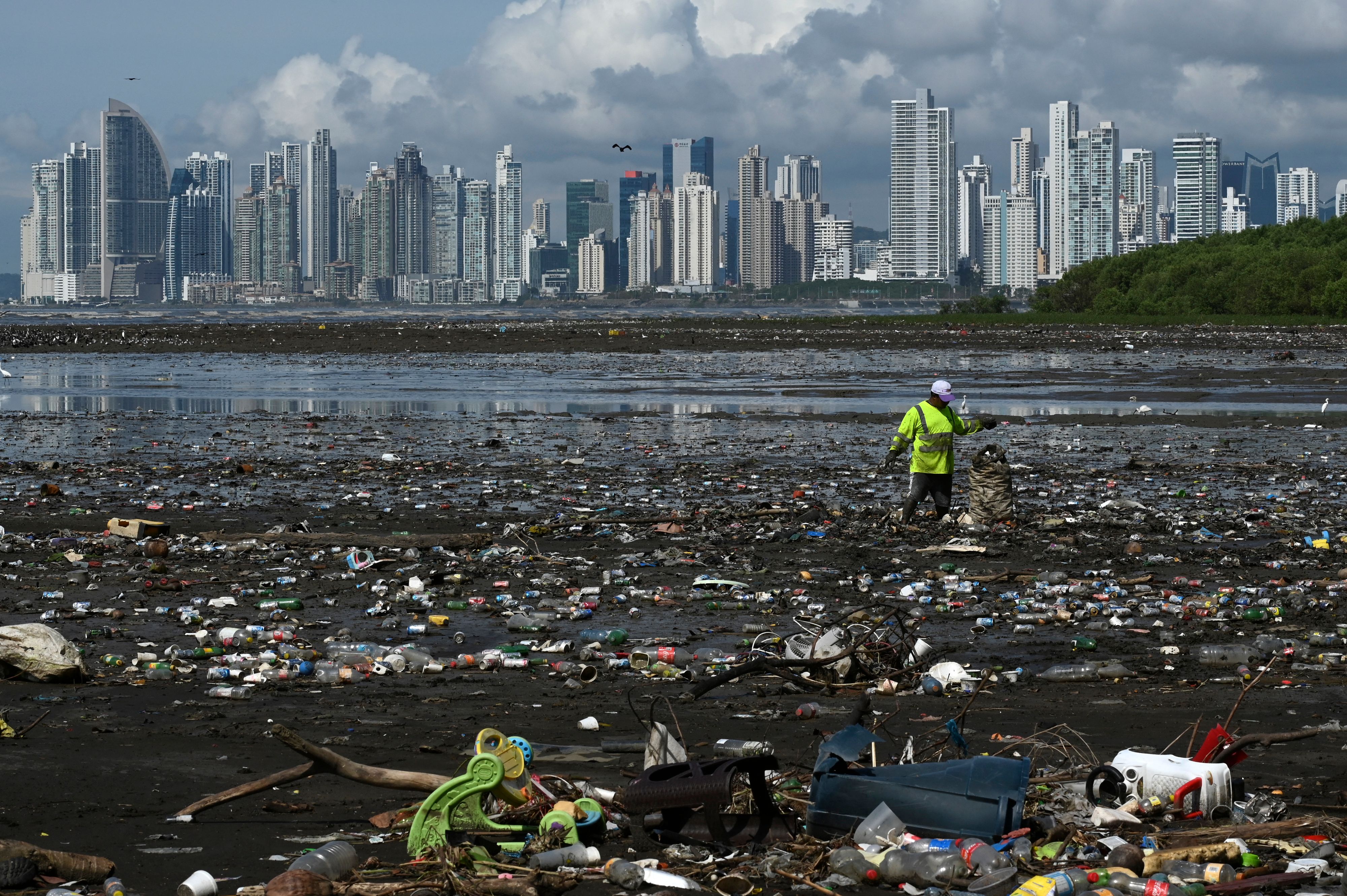 Plastic waste, one of the biggest ocean polluters, is collected from a beach near Panama City