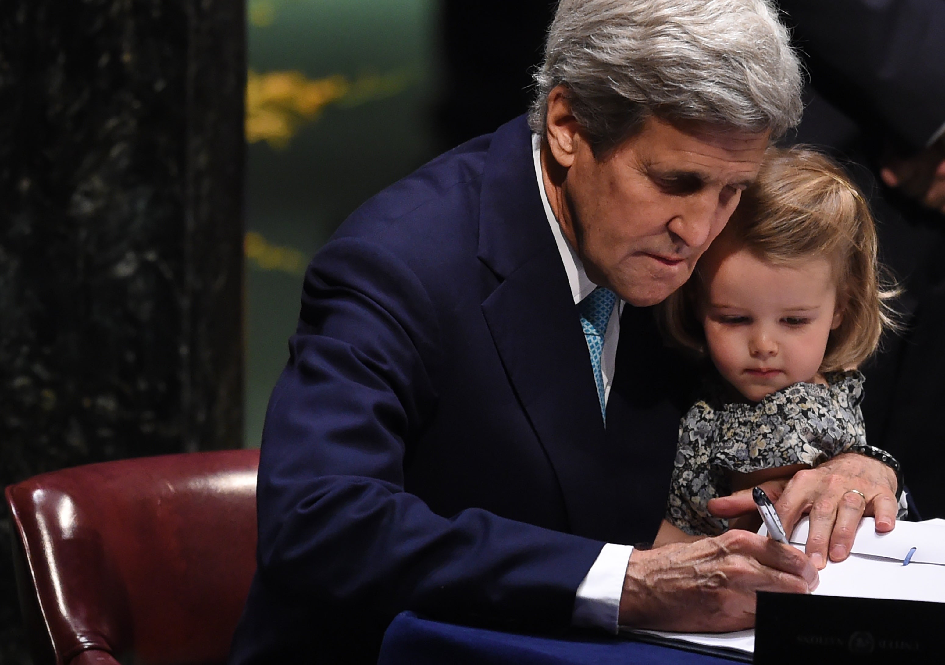 Then-US secretary of state John Kerry at a ceremony for the Paris Agreement in 2016