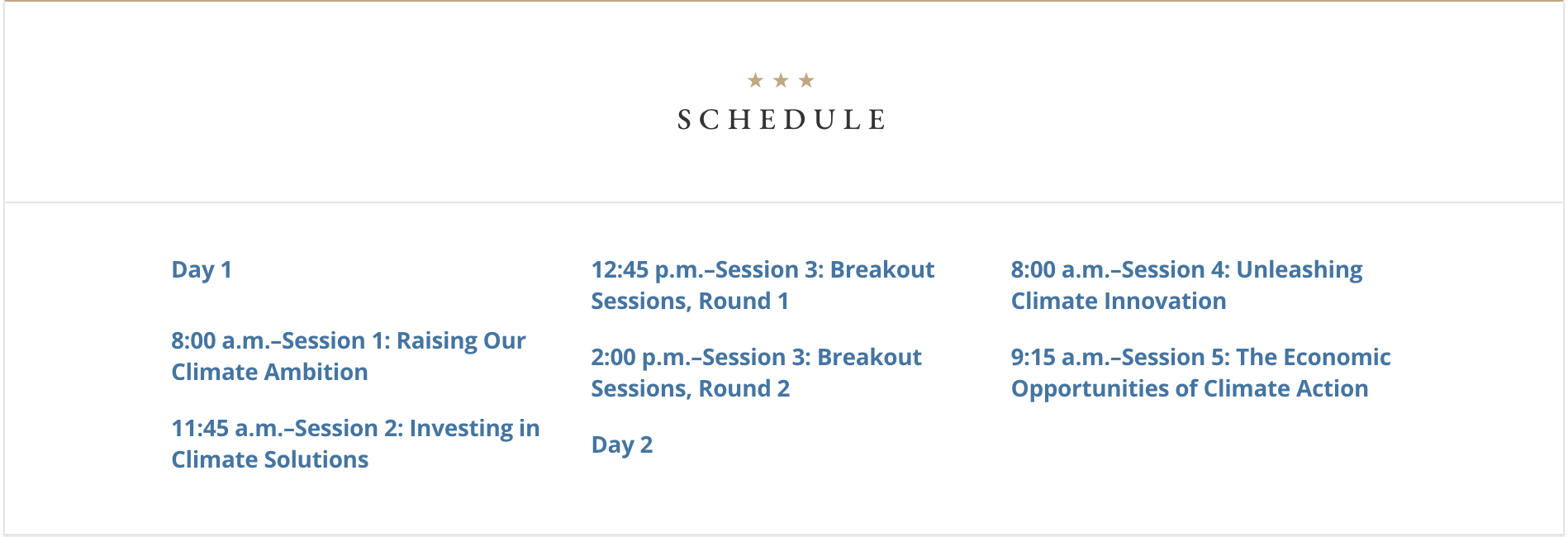 The schedule for the White House climate summit beginning on Earth Day