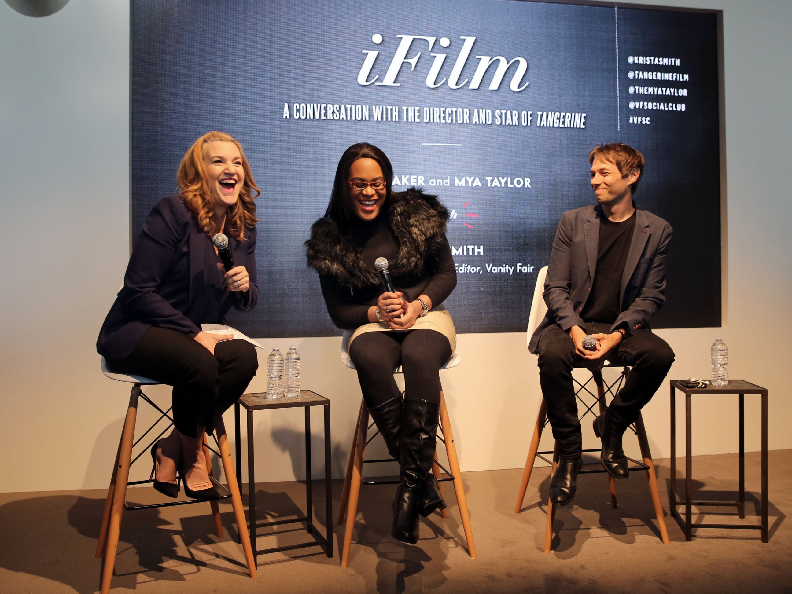 Vanity Fair West Coast Editor, Krista Smith, actor Mya Taylor, and Director Sean S Baker speak onstage during IFILM’s A Conversation with the Director and Star Of The Film Tangerine during the 2016 Vanity Fair Social Club #VFSC for Oscar Week in 2016.