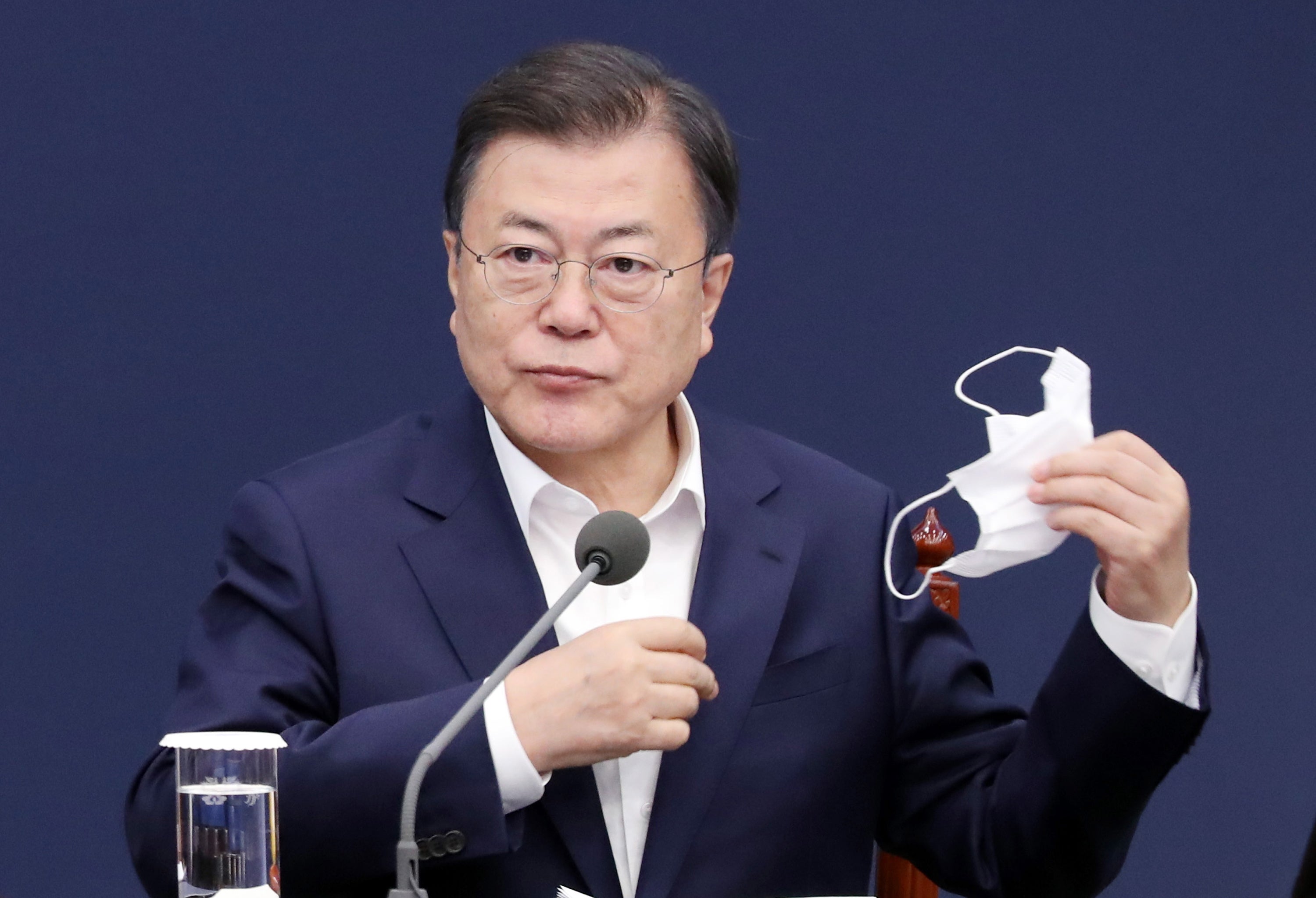 President Moon Jae-in during a meeting with his senior secretaries at the presidential office Cheong Wa Dae in Seoul