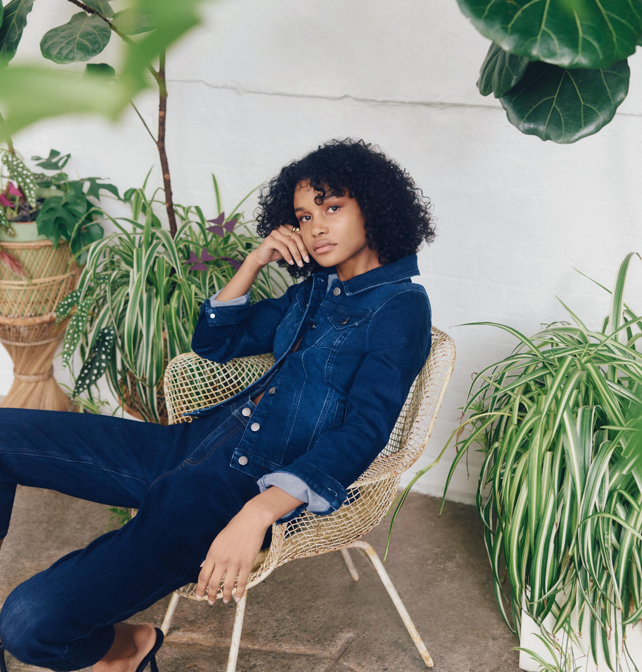 Model wearing a Monsoon Dark Wash Denim Jacket and Idabella Crop Jeans