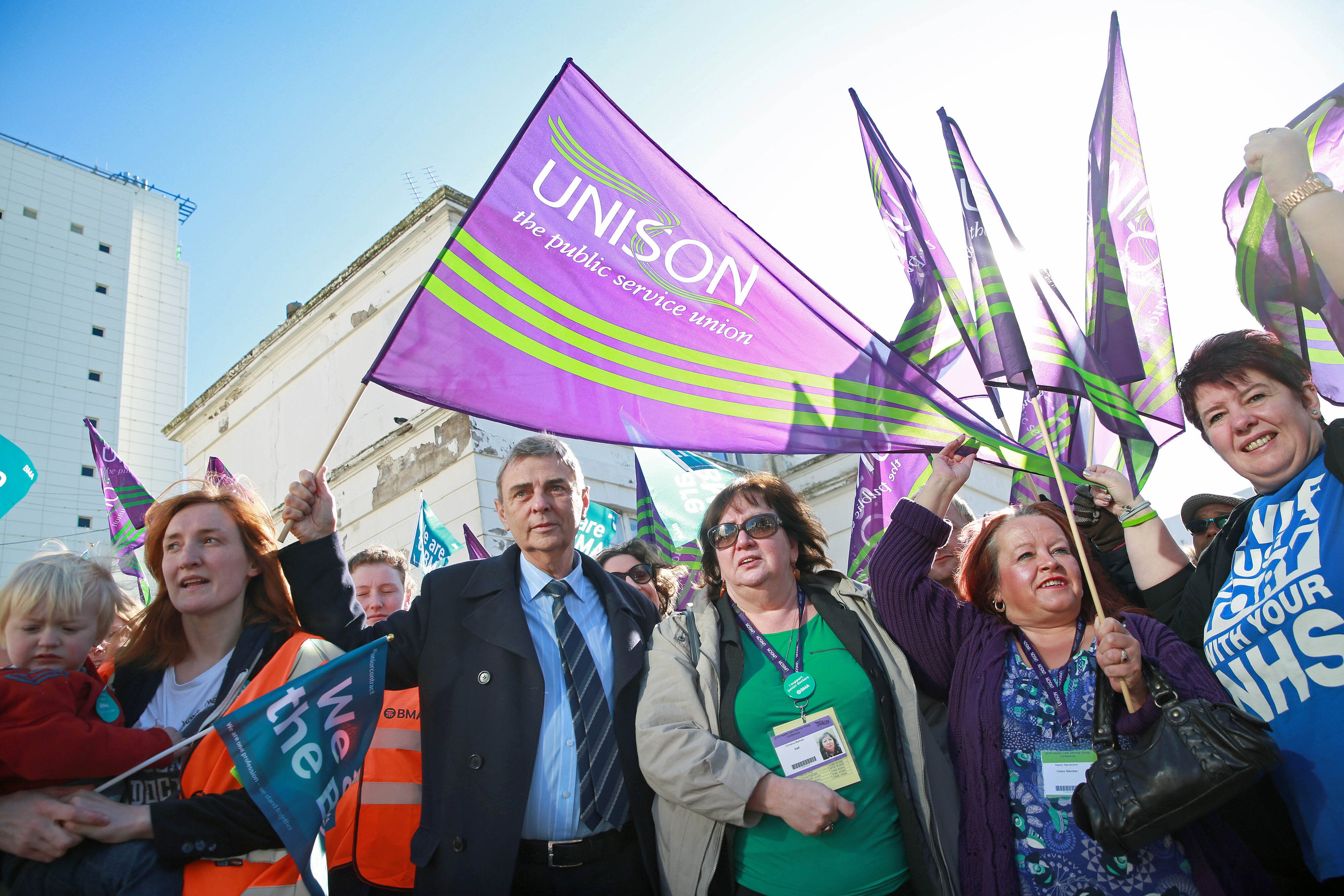 McAnea with former general secretary Dave Prentis (left) visit a picket line at Royal Sussex County Hospital to support striking junior doctors