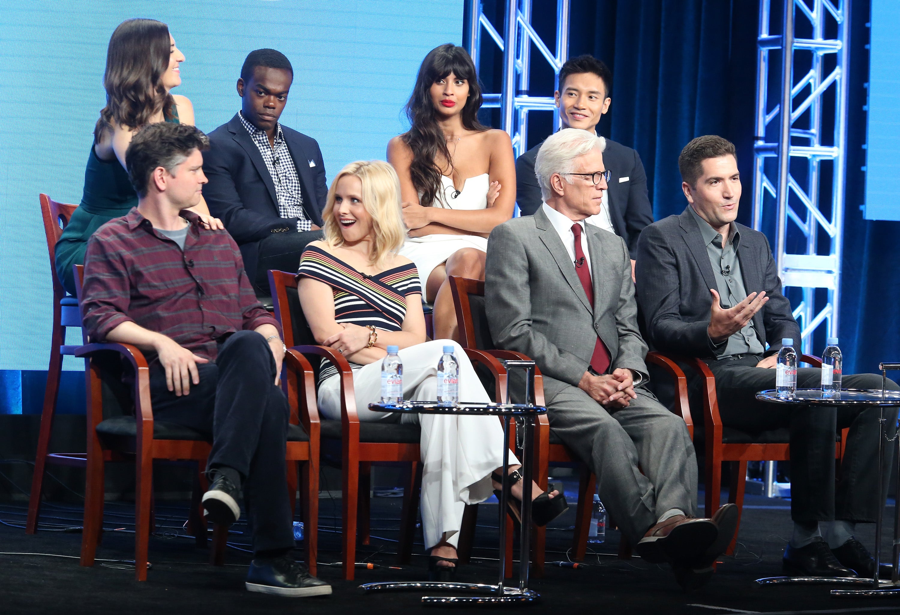 Schur (bottom row, far left) with the cast of The Good Place