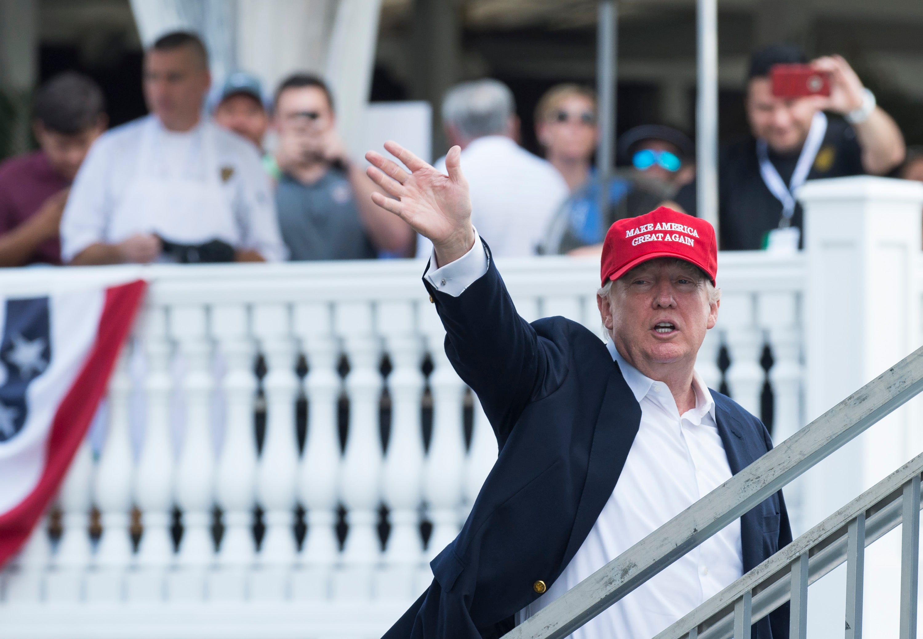 Former president Donald Trump may relocate from Florida to his New Jersey golf club during hurricane season. Pictured at the club in 2017 during the 72nd US Women’s Open Golf Championship.