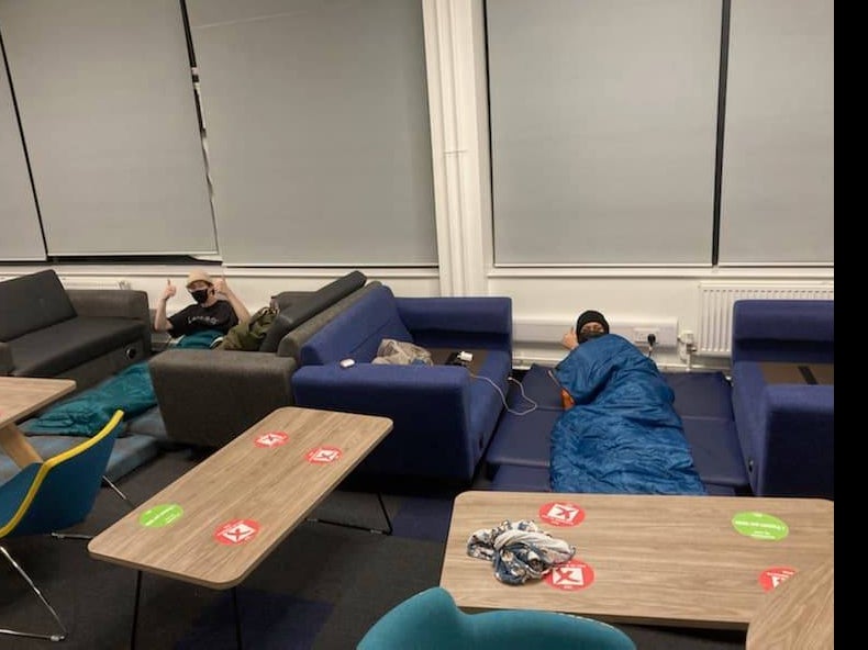 Students camp out in an occupied building on Sheffield Hallam campus