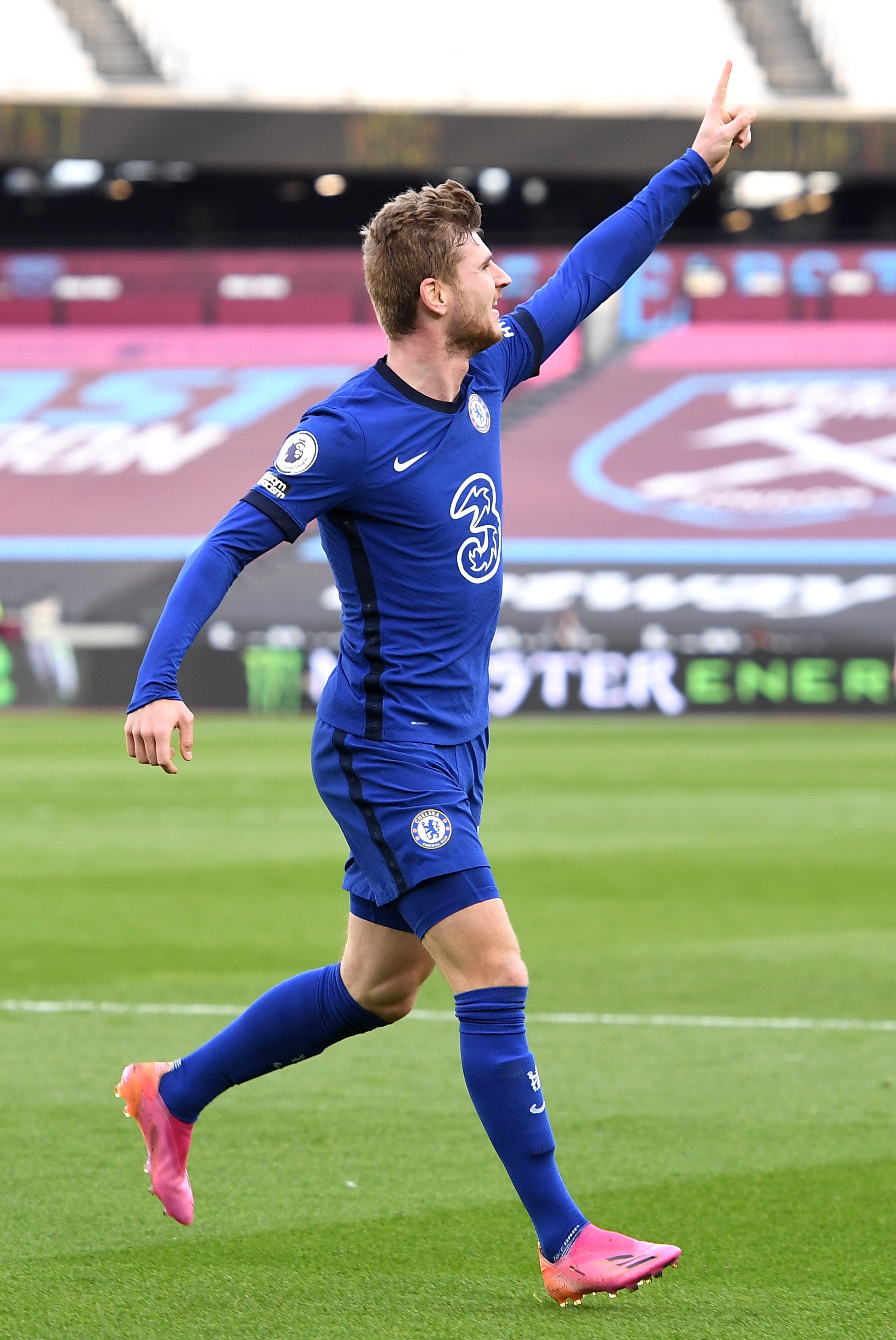 Timo Werner of Chelsea celebrates after scoring the opener at West Ham