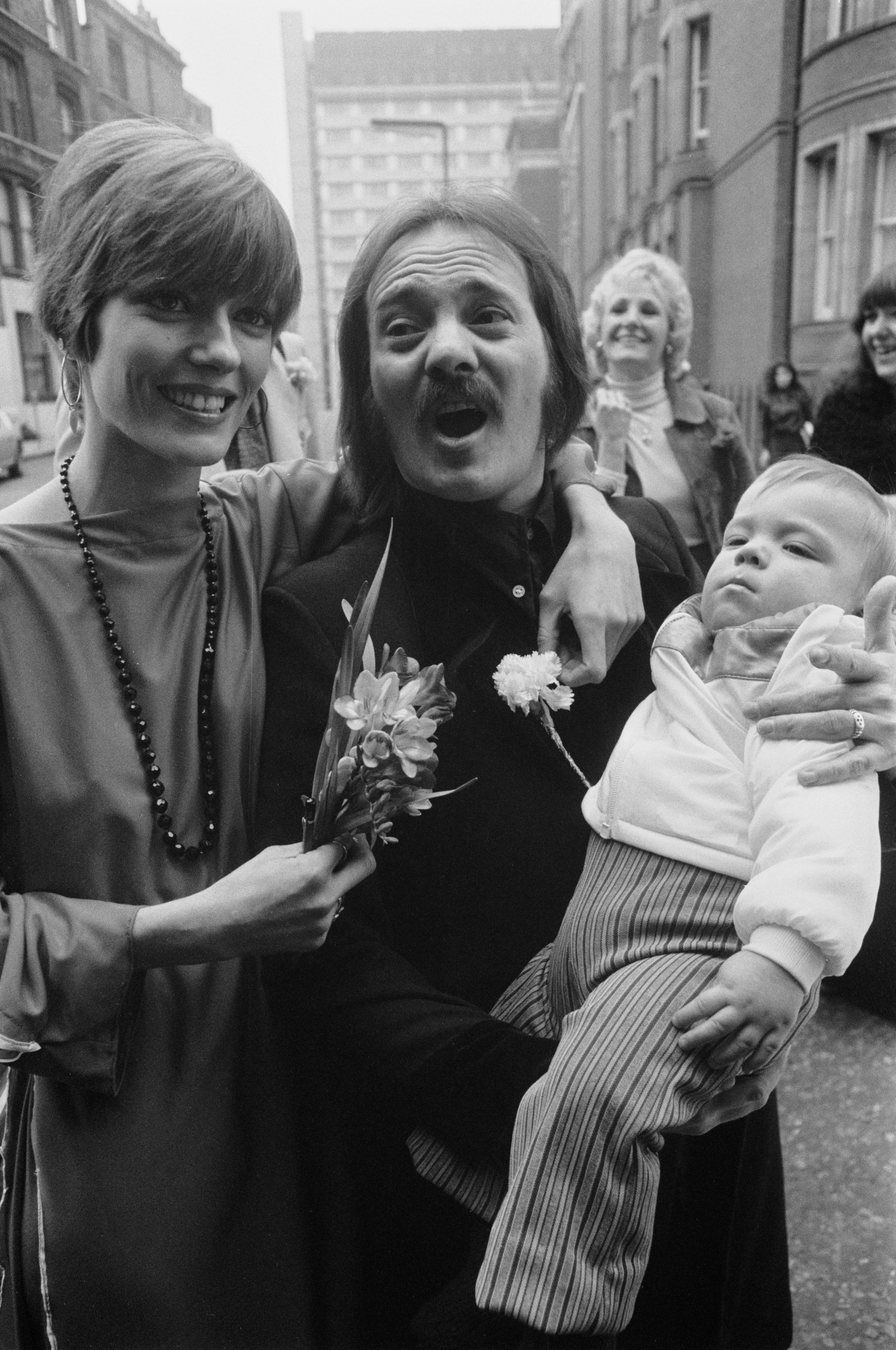 Marriott and air hostess Pam Stephens, with son Toby, on their wedding day