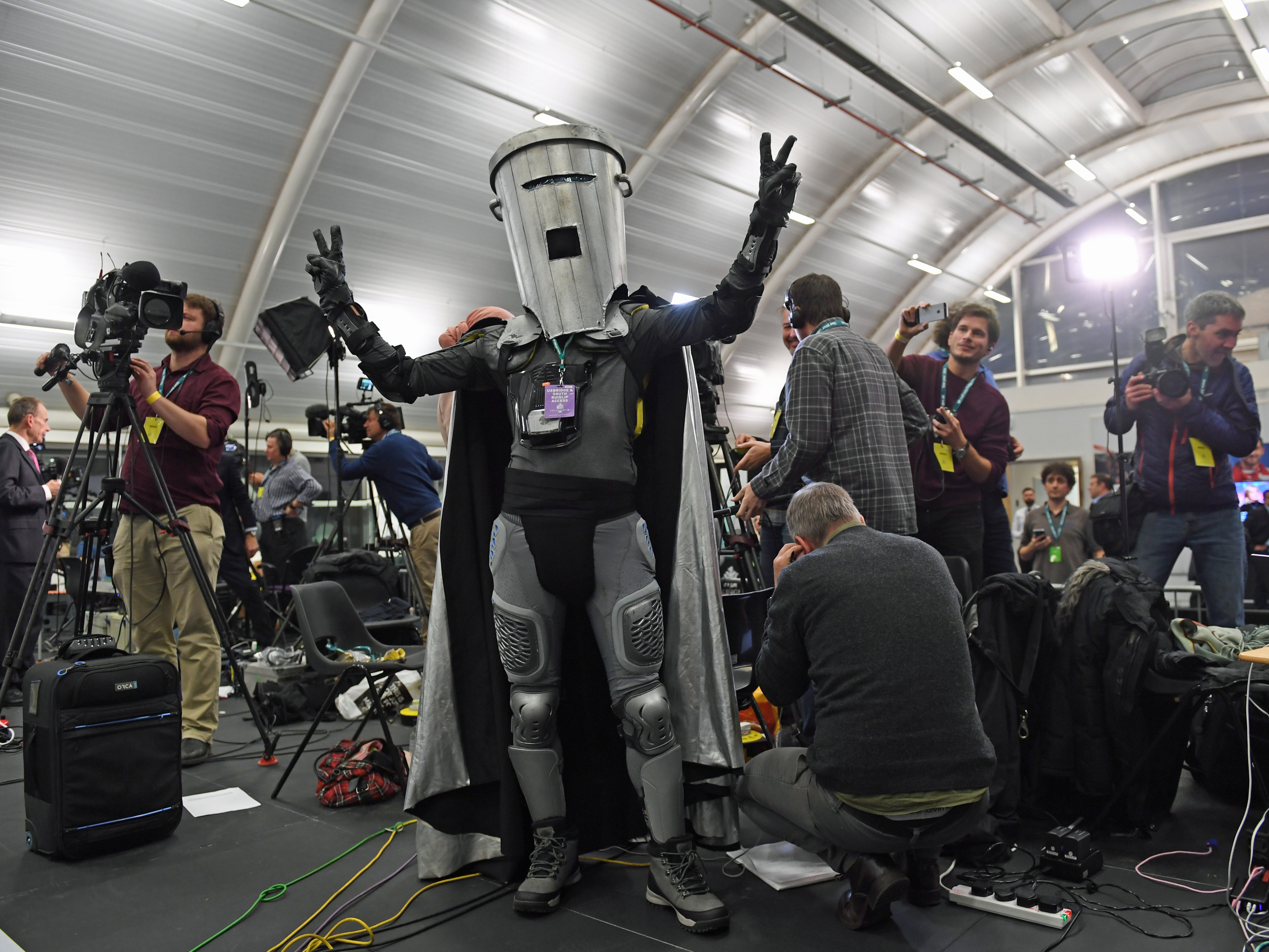 Count Binface waits for the result at Boris Johnson’s Uxbridge & Ruislip South constituency in the 2019 General Election