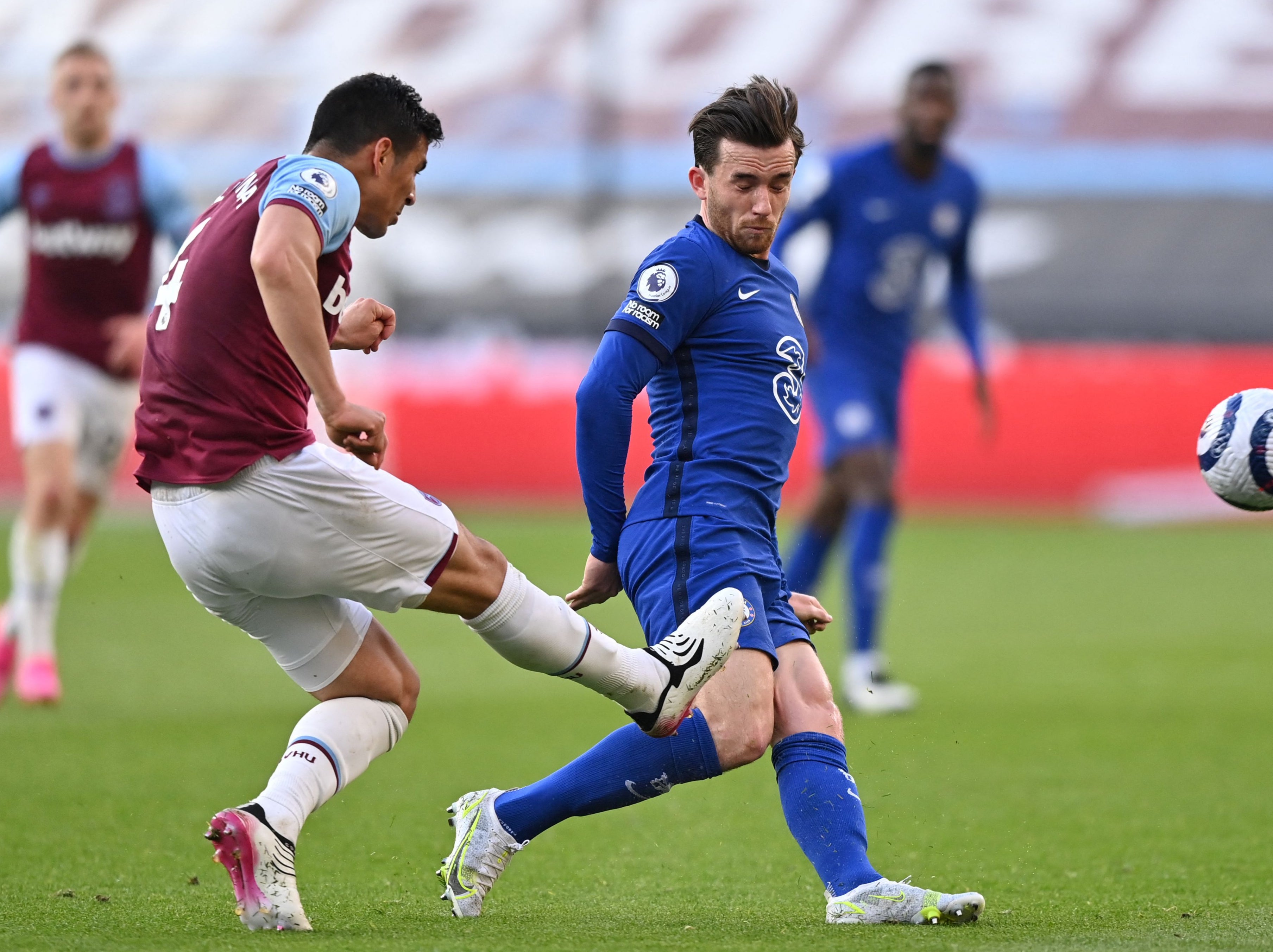 Fabian Balbuena accidentally followed through on Ben Chilwell’s calf during a clearance