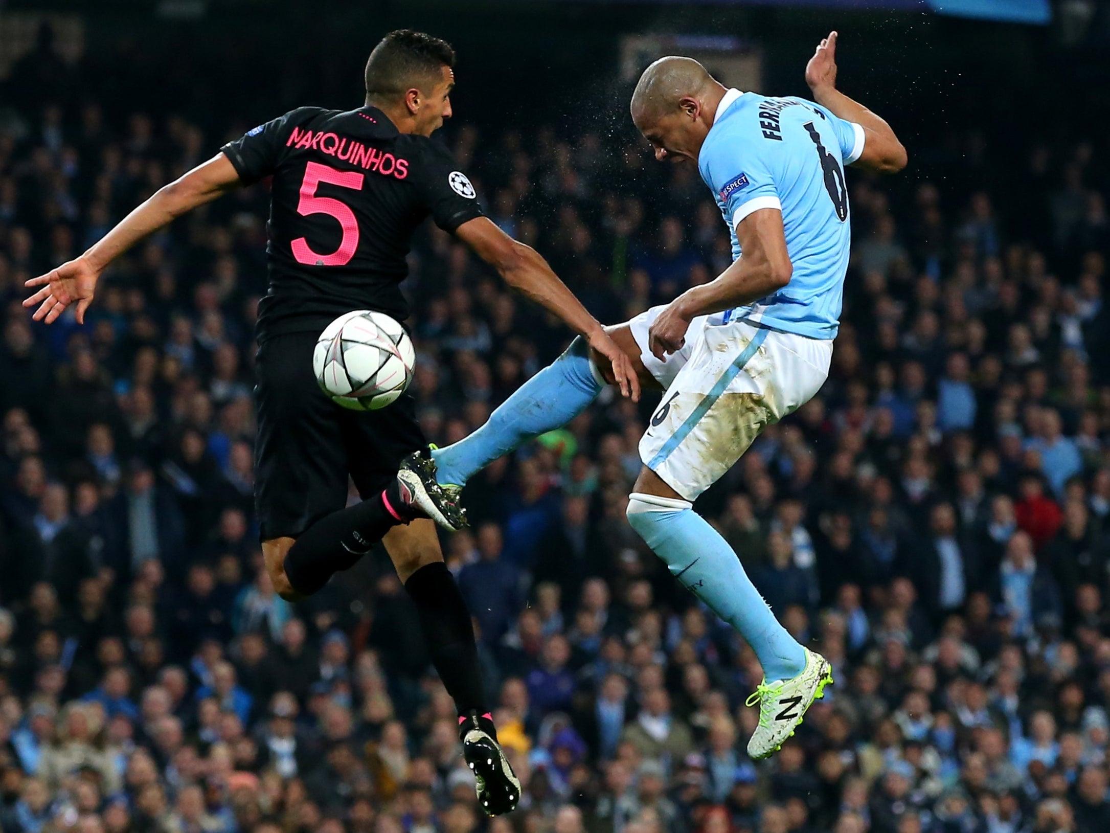 PSG’s Marqinhos and Manchester City’s Fernandinho clash in a 2016 meeting between the clubs