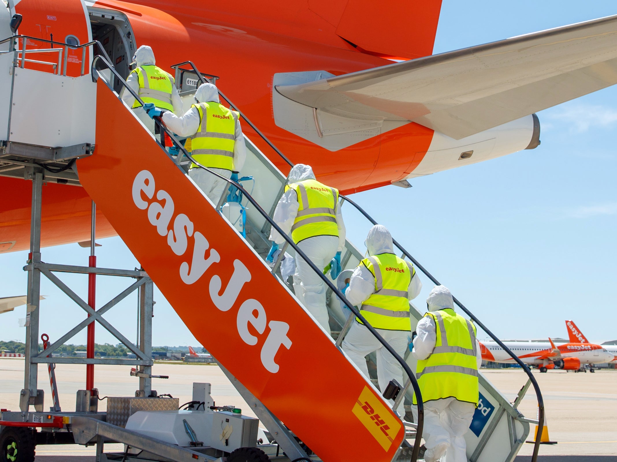 Getting ready: ground staff preparing an easyJet plane for departure, ahead of the airline’s resumption of service in summer 2020