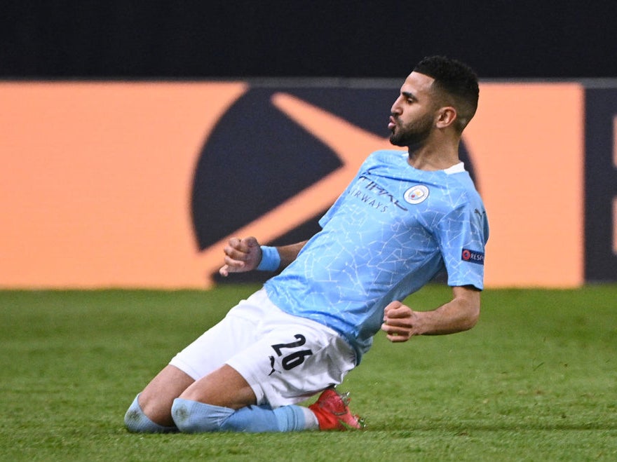 Riyad Mahrez celebrates scoring the winner