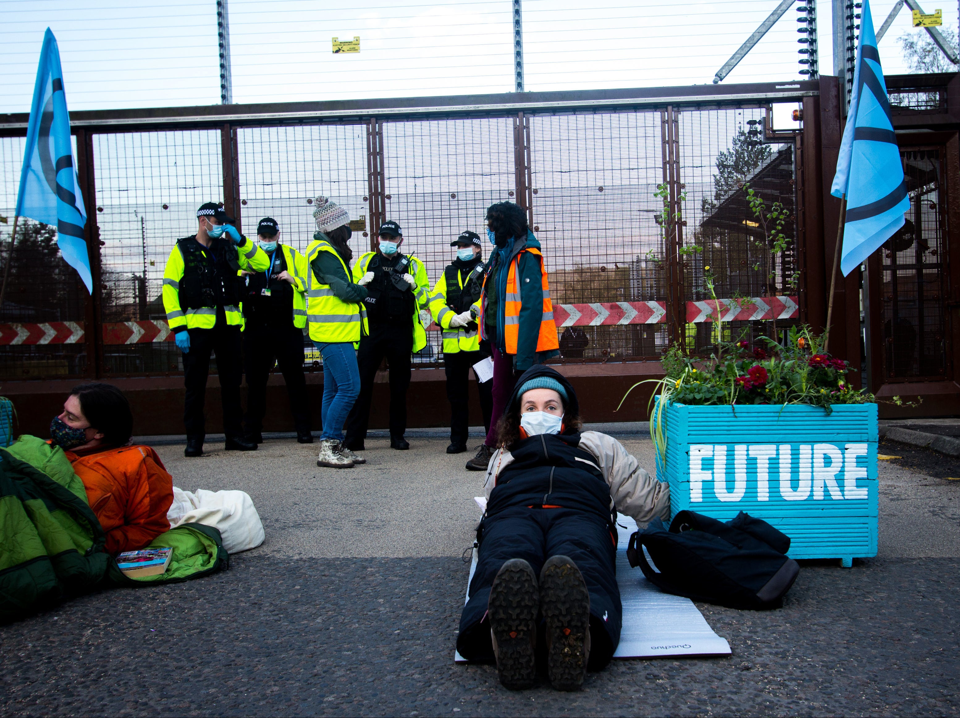 The plant pots, which are painted with the words “Safe”, “Green”, and “Future”, are blocking access to the base, except for emergency vehicles that can still access the site via the South Gate