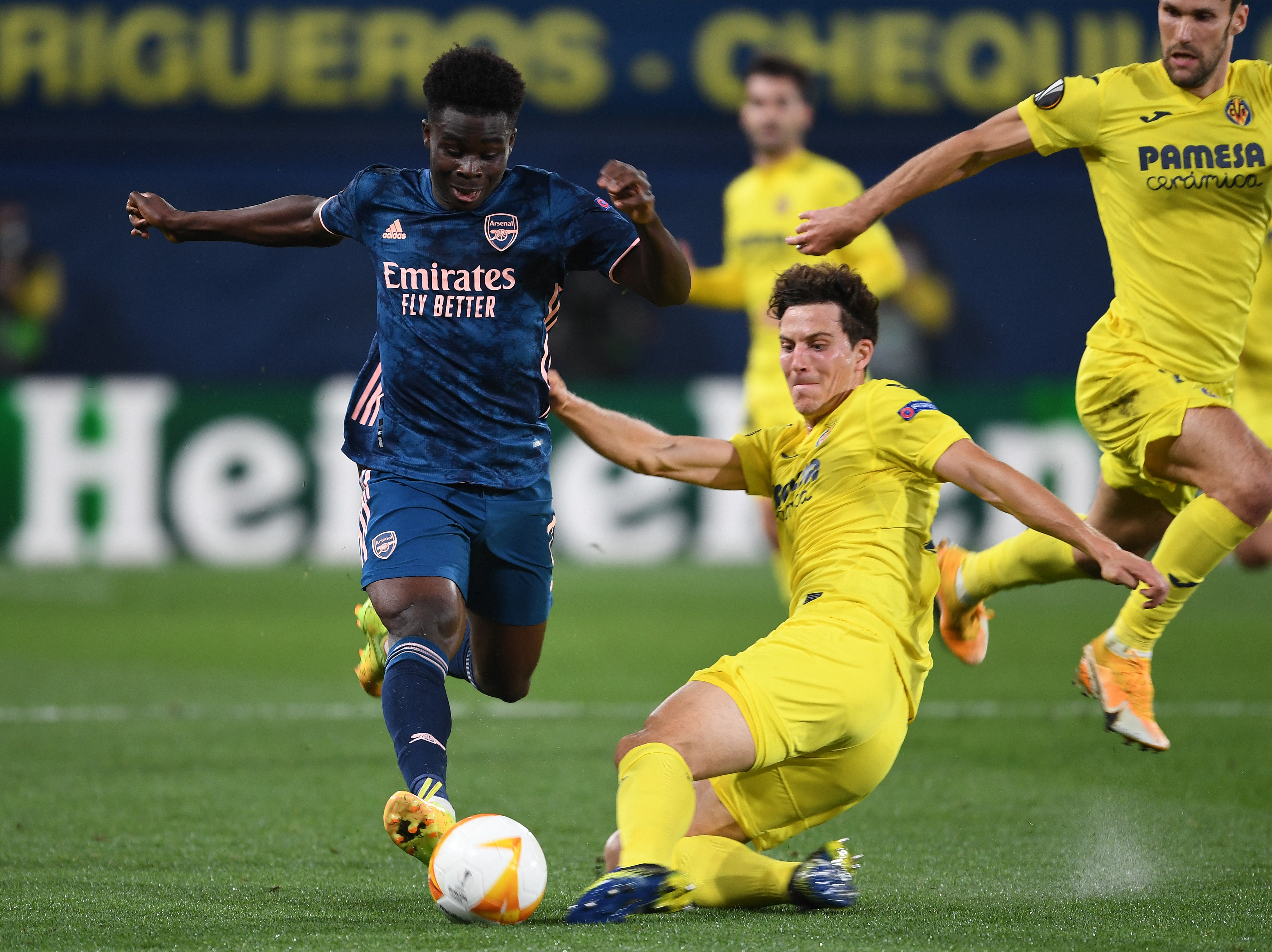 Villarreal defender Pau Torres tackles Arsenal’s Bukayo Saka