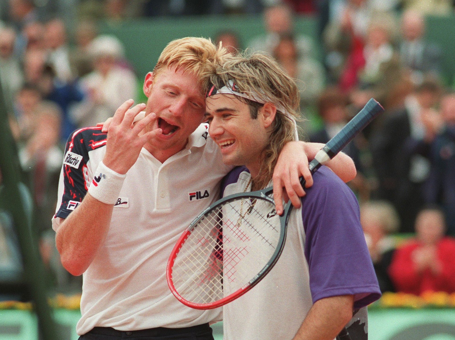 Becker with Andre Agassi at the 1991 French Open