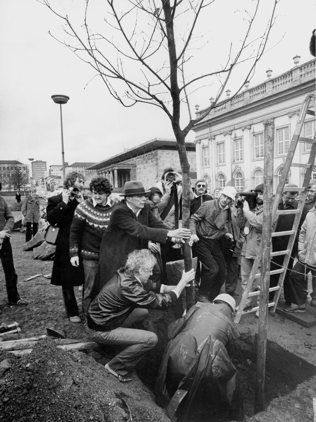 A tree being planted as part of the ‘7,000 Oaks’ artwork in Kassel, 1982