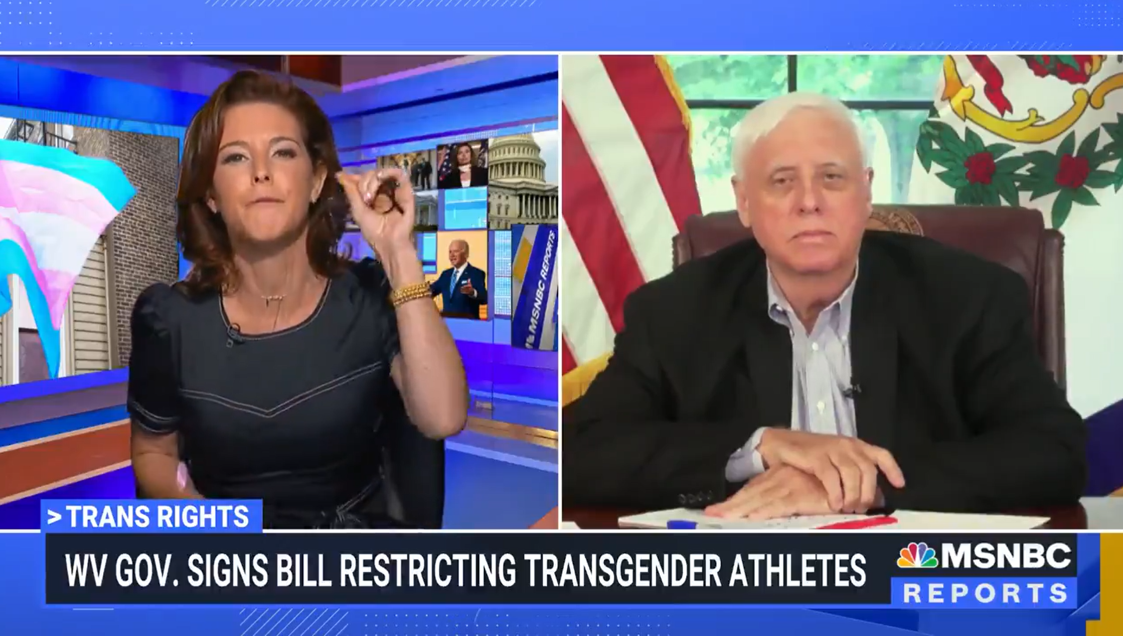 MSNBC anchor Stephanie Ruhle asks West Virginia governor Jim Justice why the state banned transgender athletes in female sports