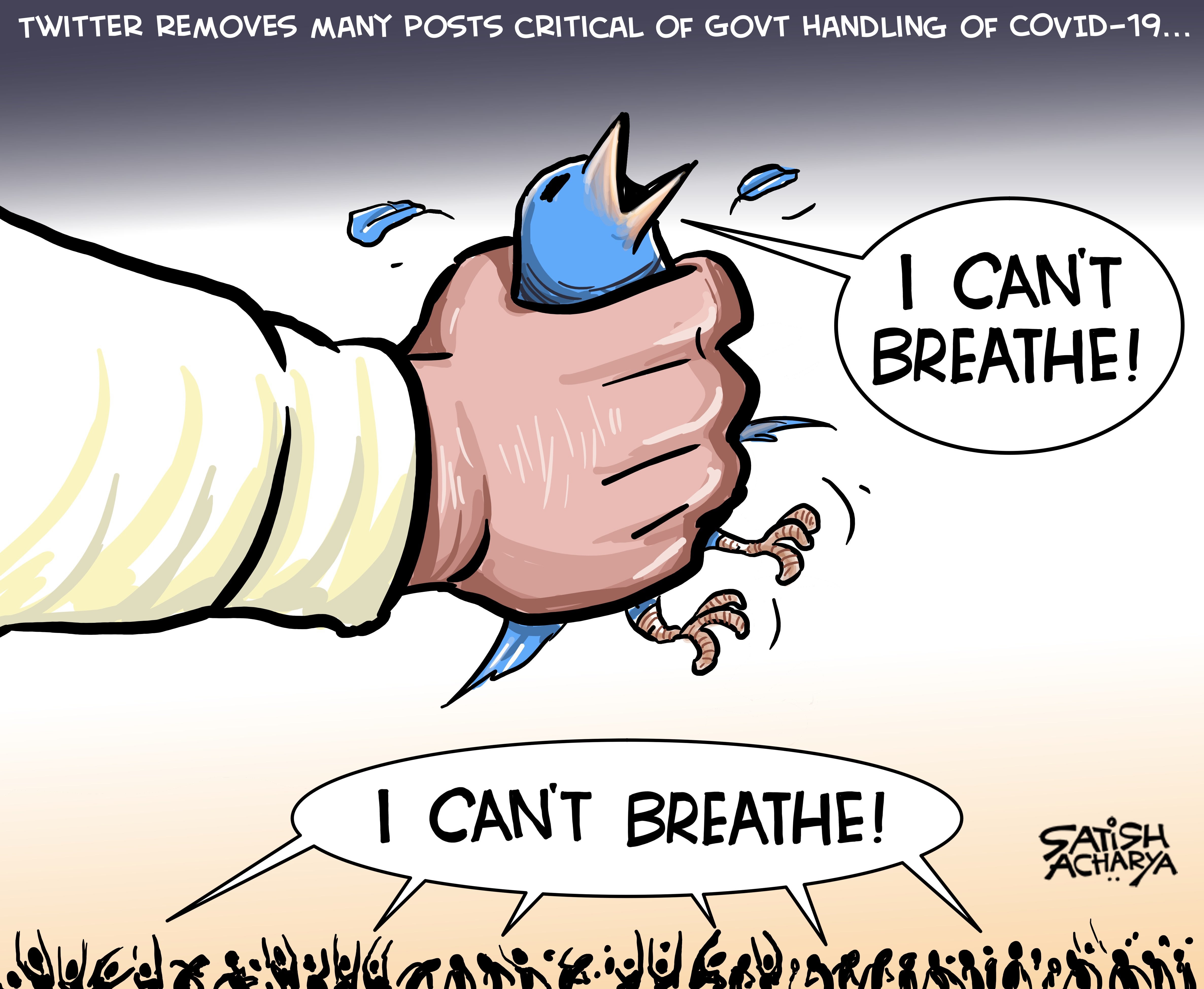A cartoon playing on the slogan ‘I can’t breathe’, associated with Black Lives Matter protests in the US, and censorship of posts on social media