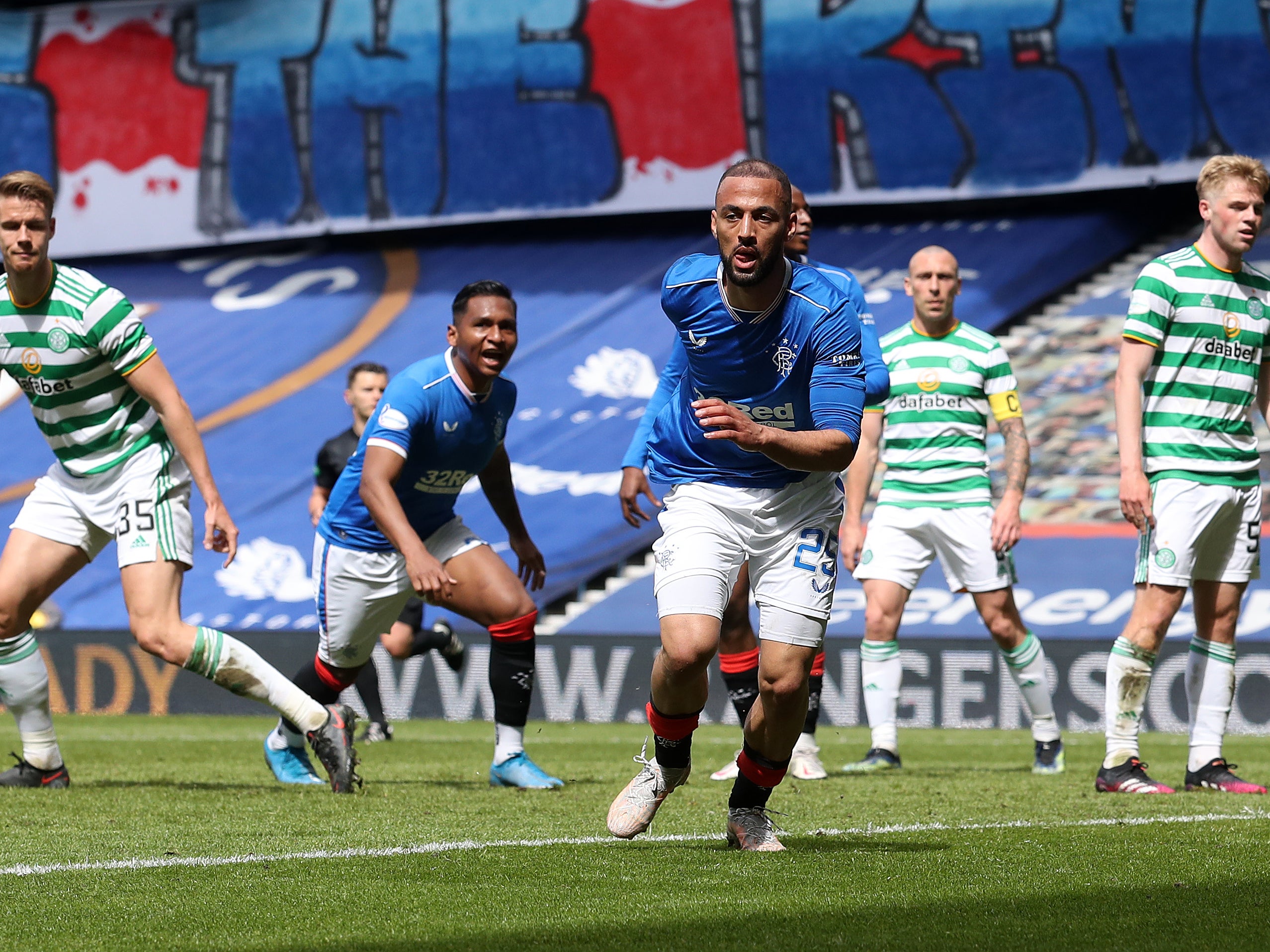 Kemar Roofe celebrates his second goal in Rangers’ victory over Celtic