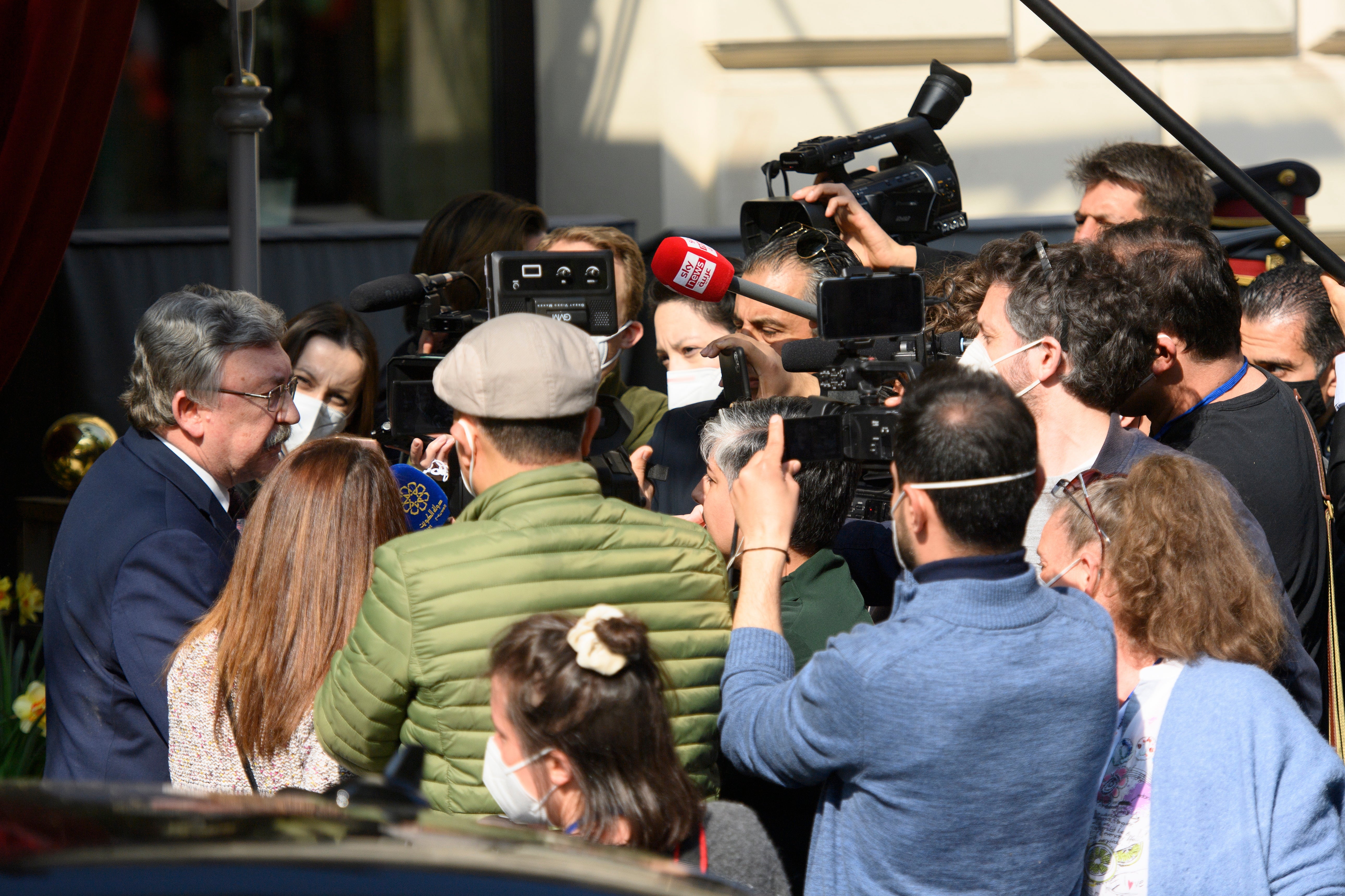 Russia’s Governor to the International Atomic Energy Agency (IAEA), Mikhail Ulyanov addresses the media as he leaves after a JCPOA Joint Commission Iran talks meeting in Vienna on Saturday