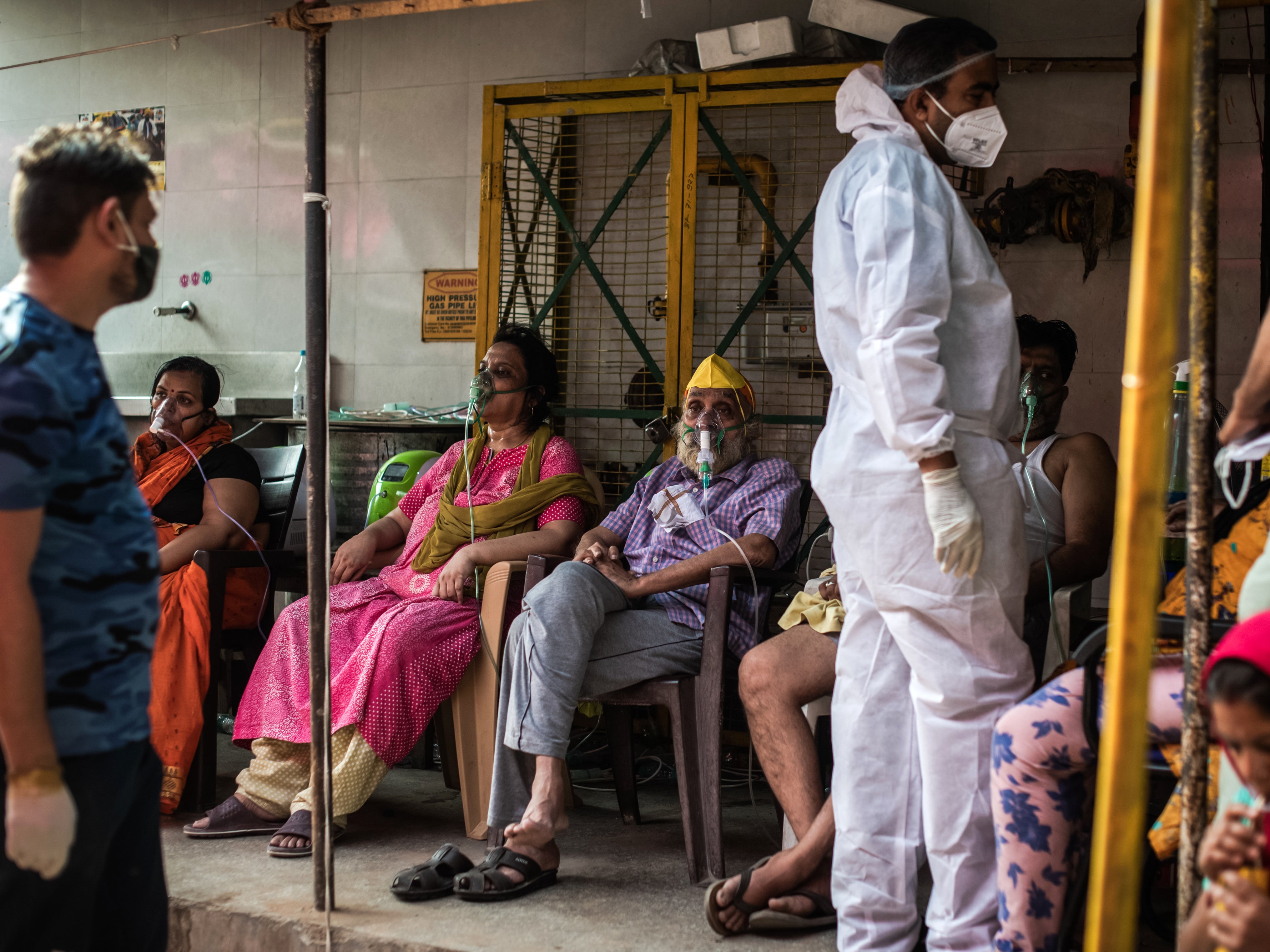 Patients suffering from Covid-19 are treated with free oxygen at a makeshift clinic in Indirapuram, Uttar Pradesh