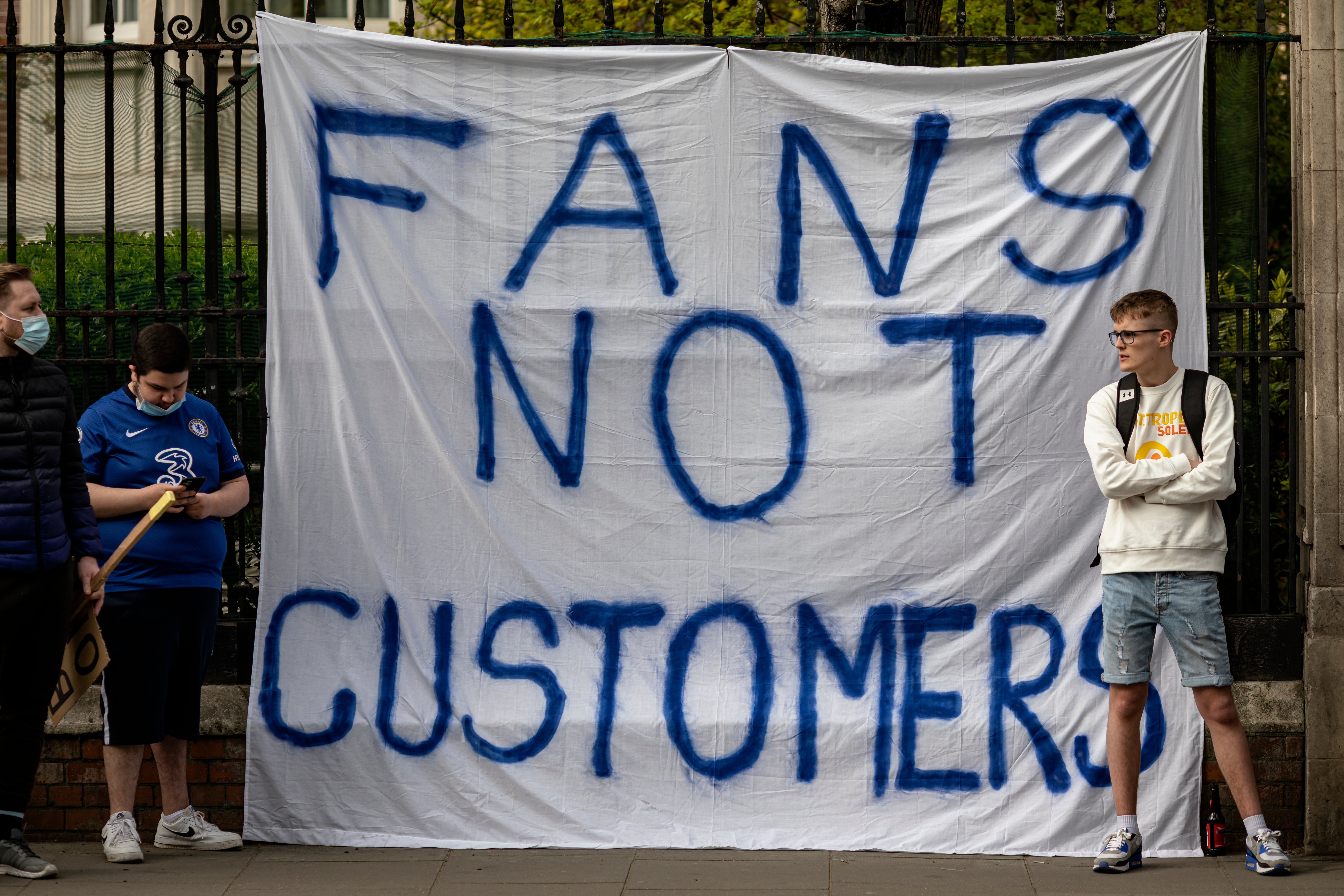 Chelsea fans protest against the Super League outside Stamford Bridge