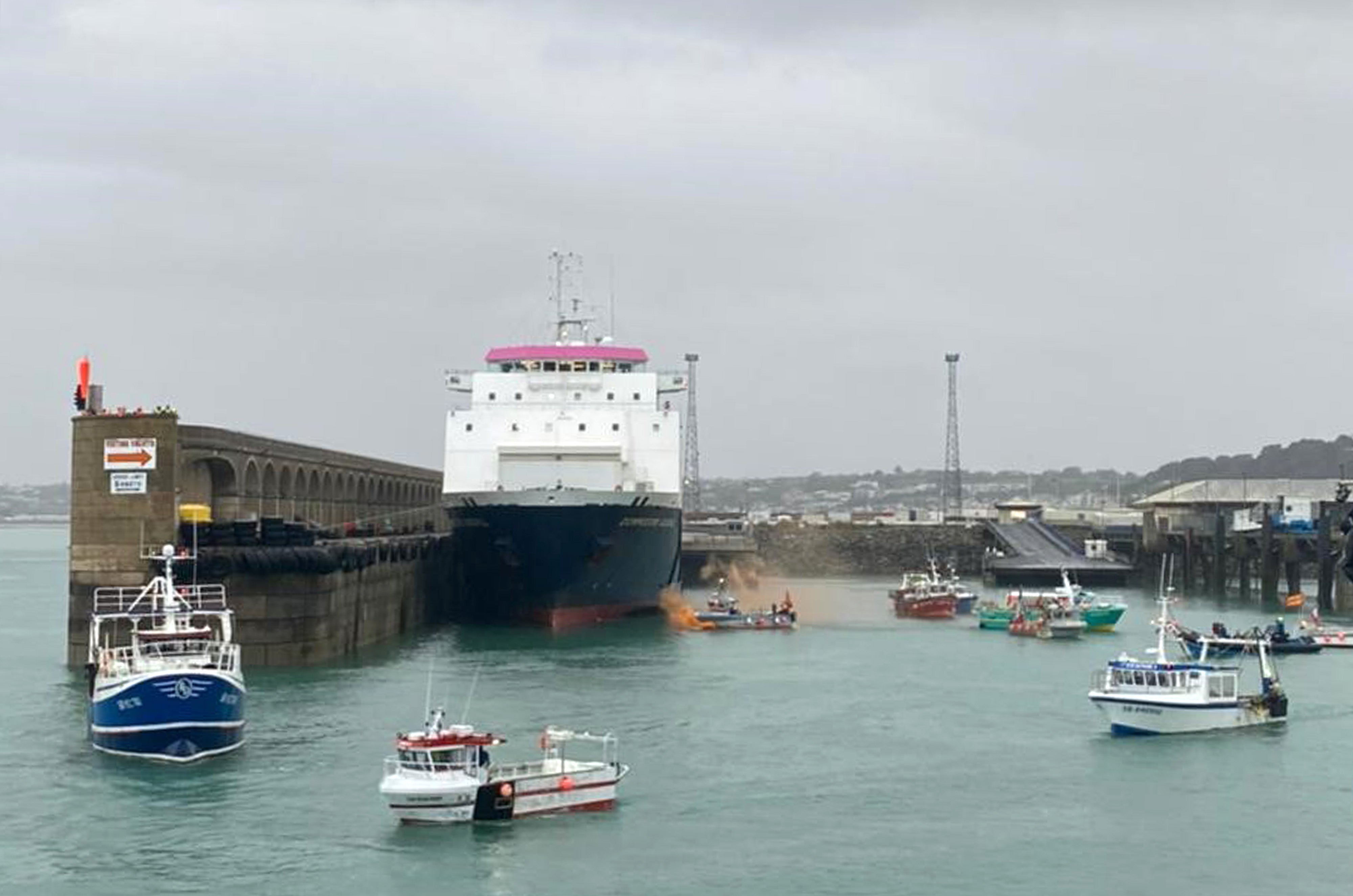 French fishing vessels staging a protest outside the harbour at St Helier, Jersey in the row over post-Brexit fishing rights