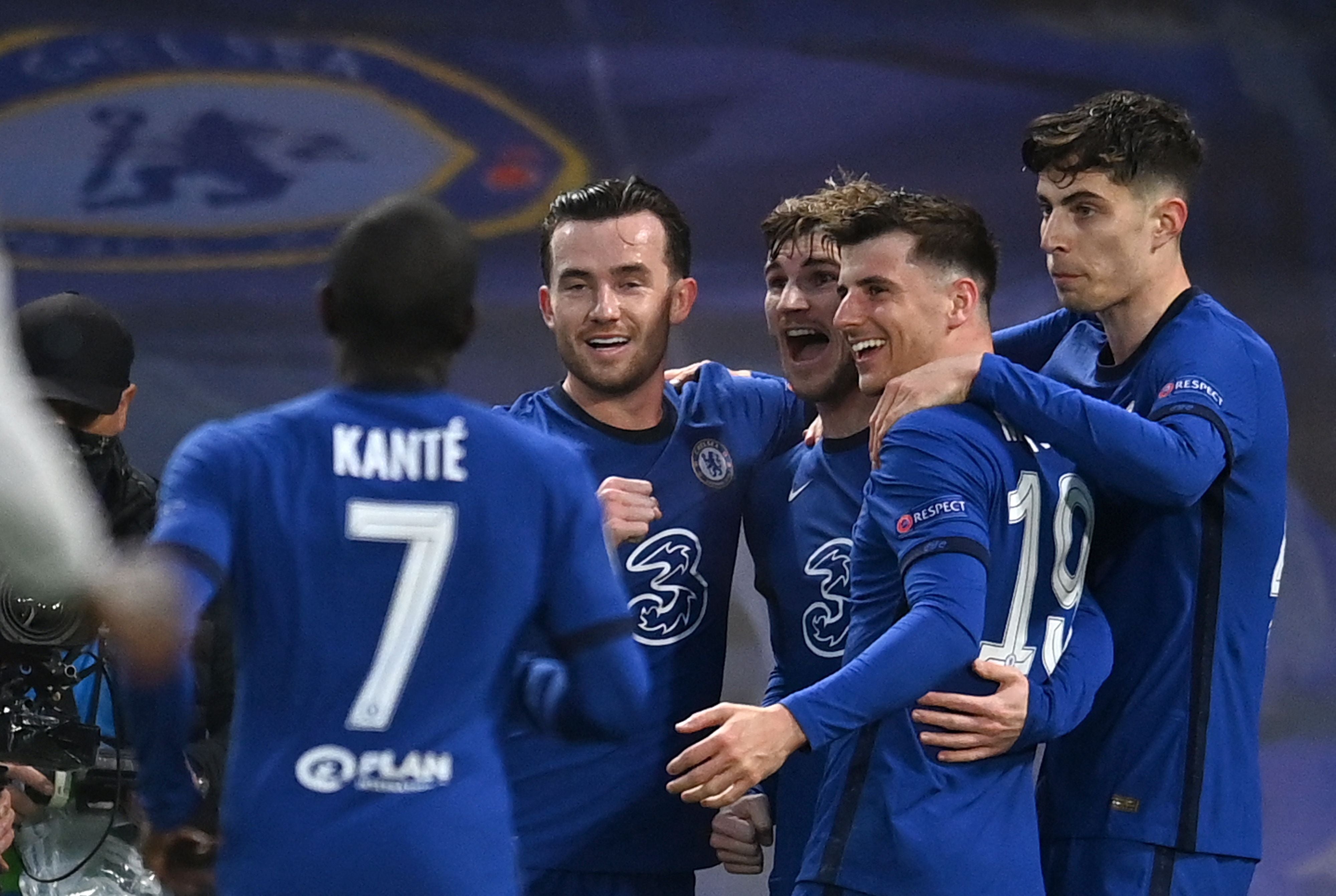 Chelsea players celebrate during their second-leg win against Real Madrid