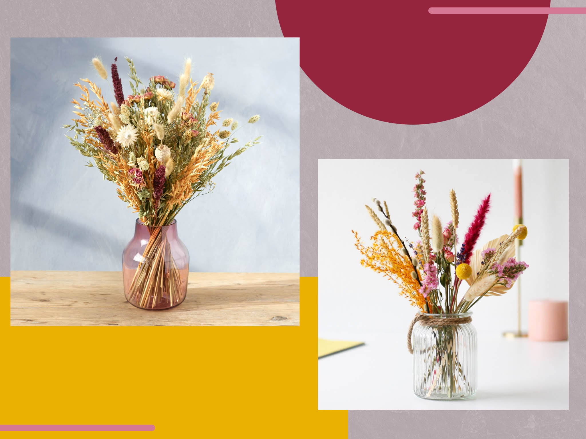 Whether you want to brighten up a boring bathroom or to celebrate a special occasion, a dried flower bouquet is a stylish choice that’s always in season