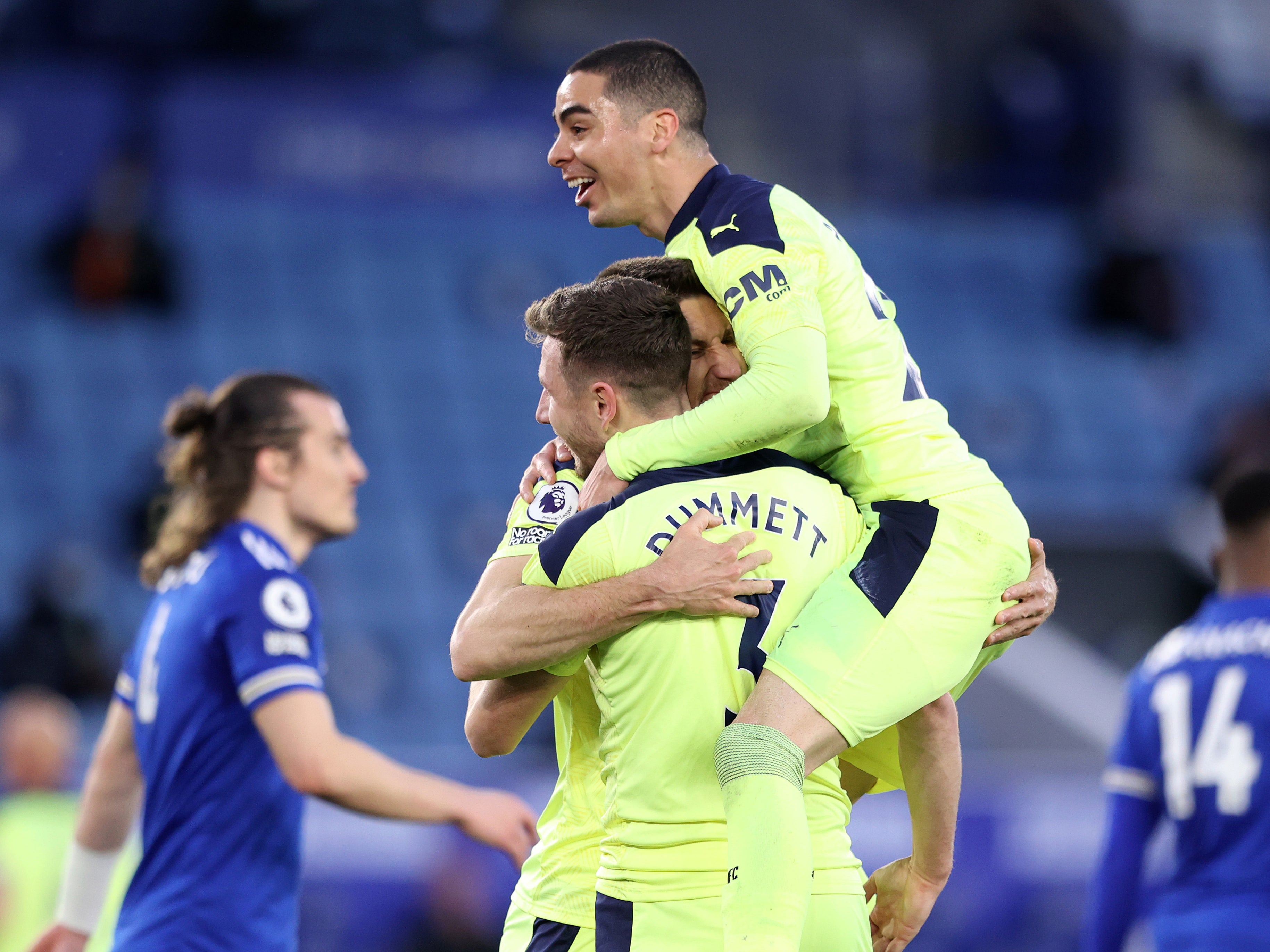 Newcastle celebrate scoring against Leicester