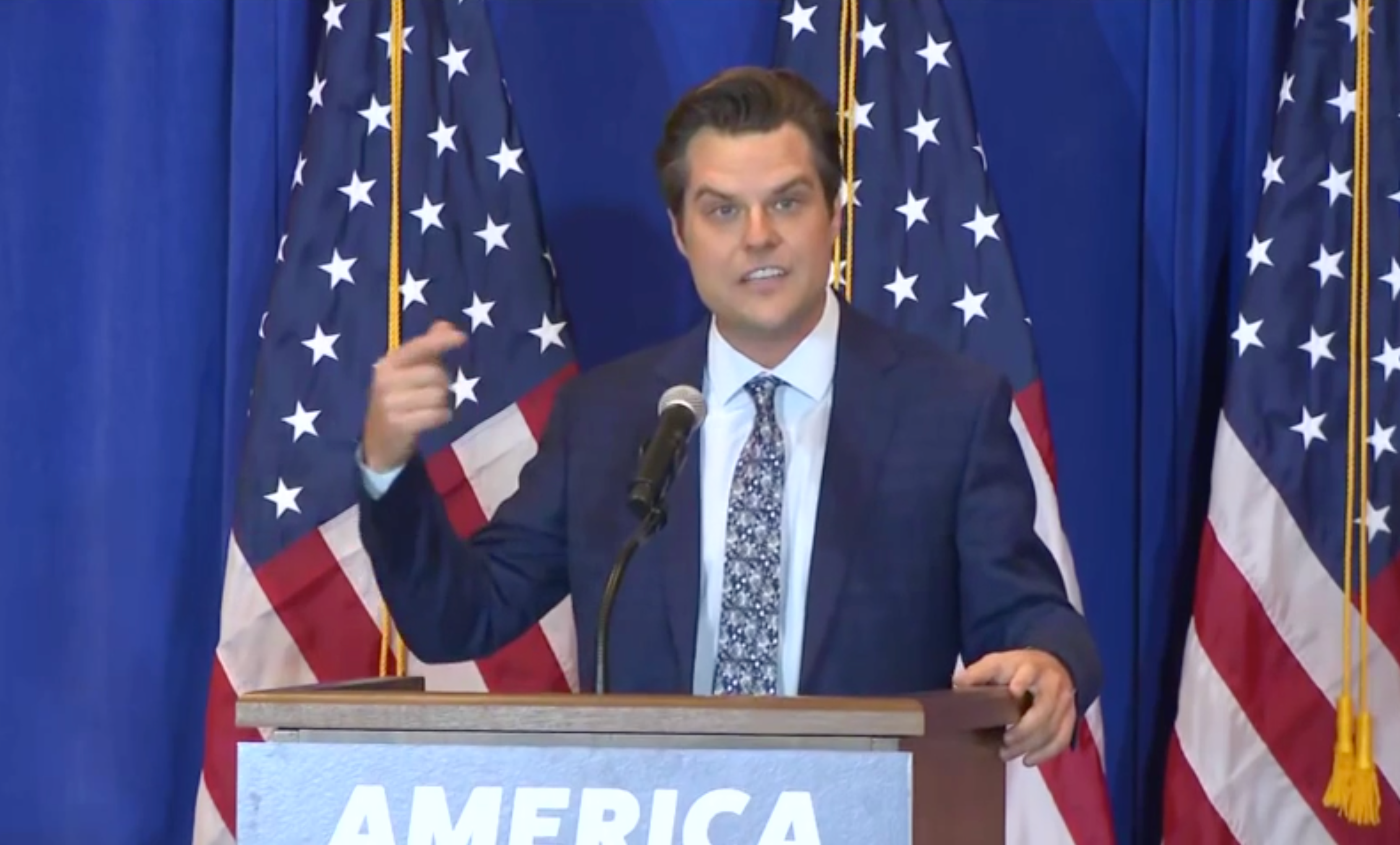 Rep Matt Gaetz speaks to a crowd of retirees in The Villages, Florida, on 7 May