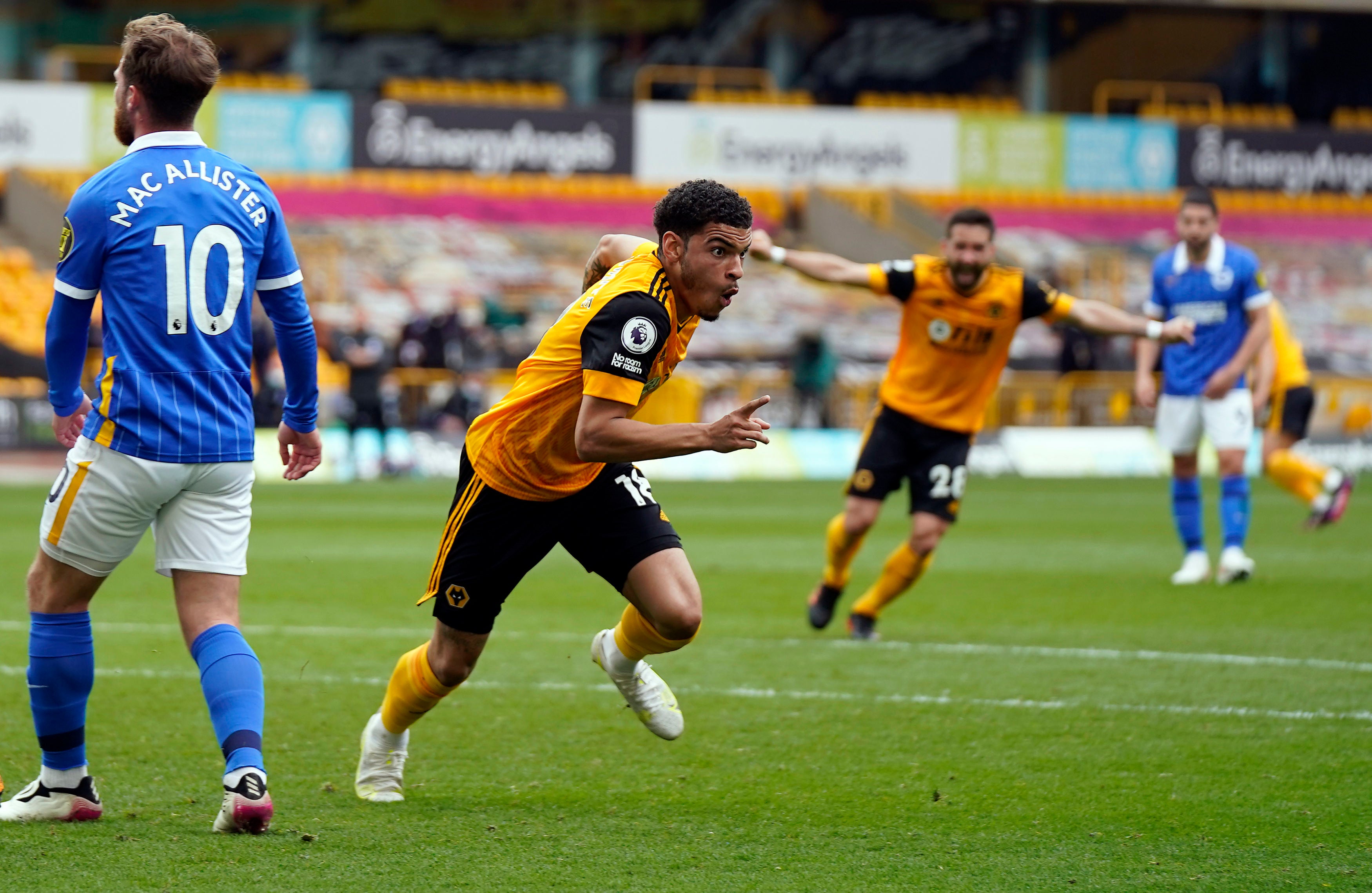 Morgan Gibbs-White celebrates after scoring Wolves’ winner