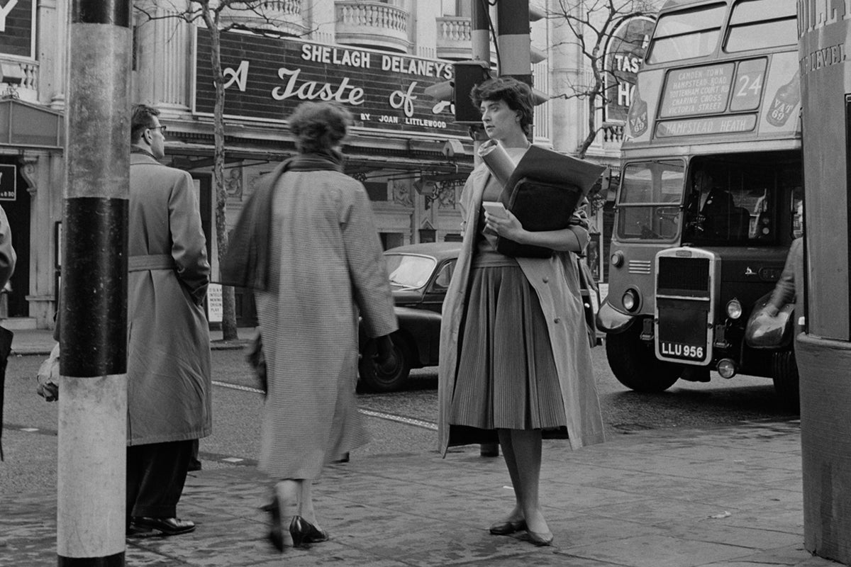 Shelagh Delaney opposite Wyndham’s Theatre where ‘A Taste of Honey’ was playing in 1959