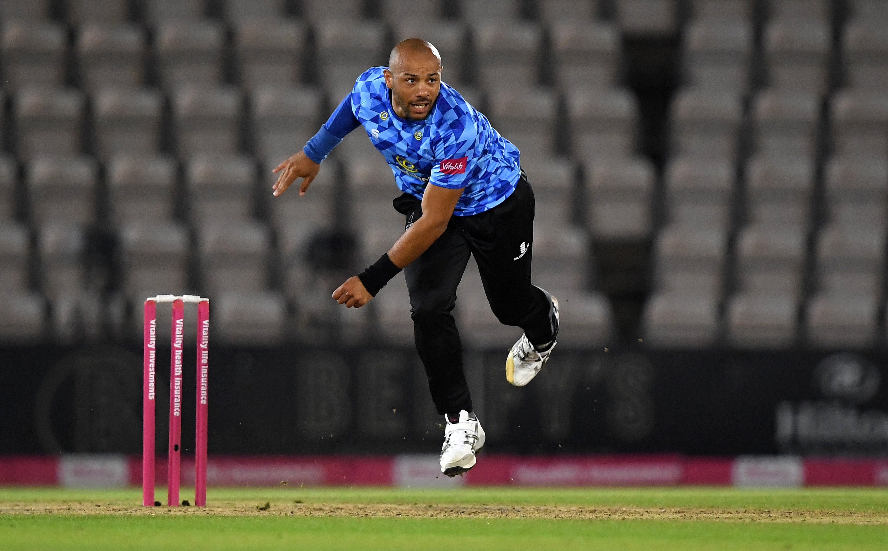 Tymal Mills bowls for Sussex Sharks during a Vitality Blast game against Hampshire