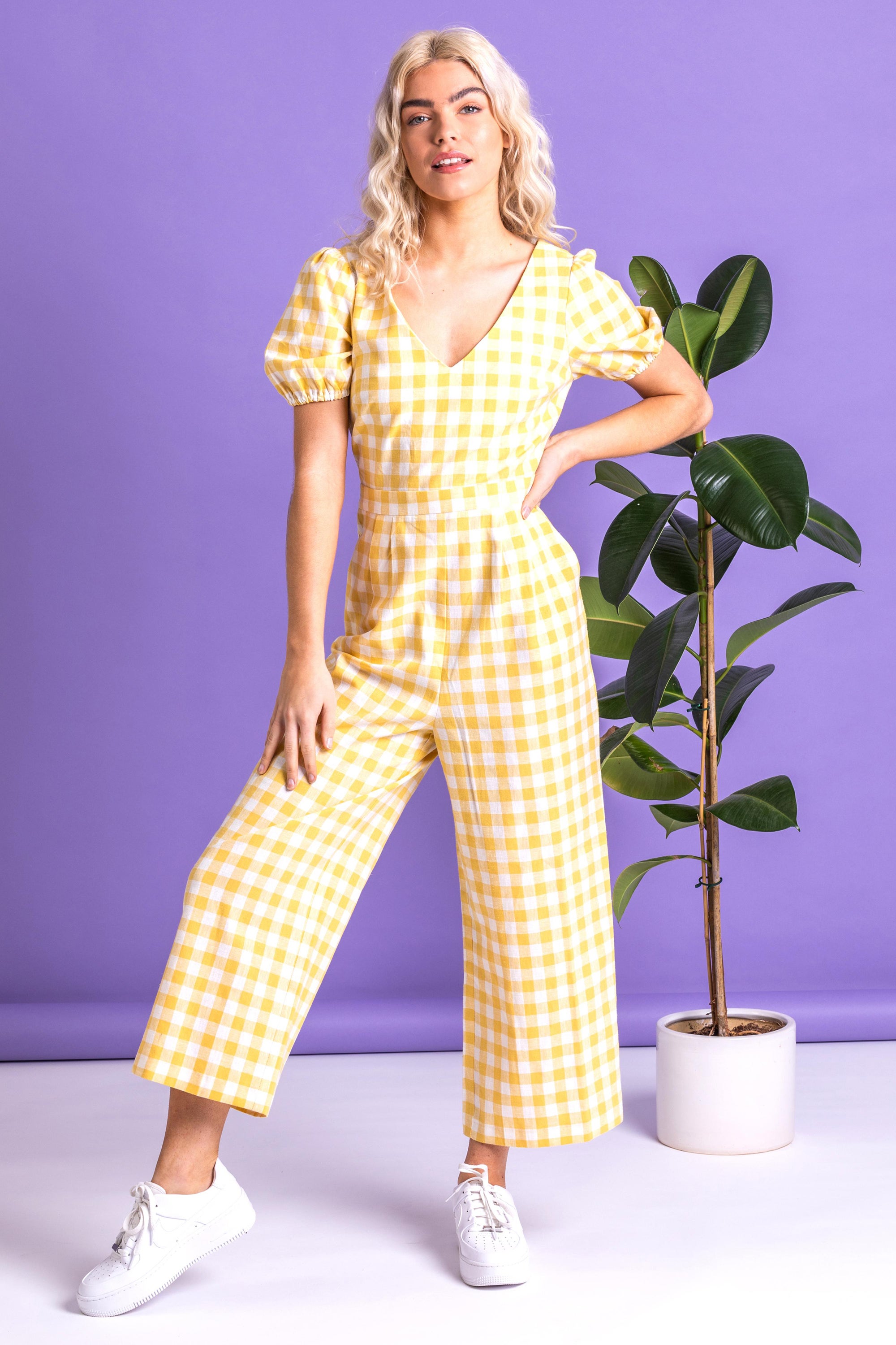 Model wearing Roman Yellow Gingham Check Jumpsuit