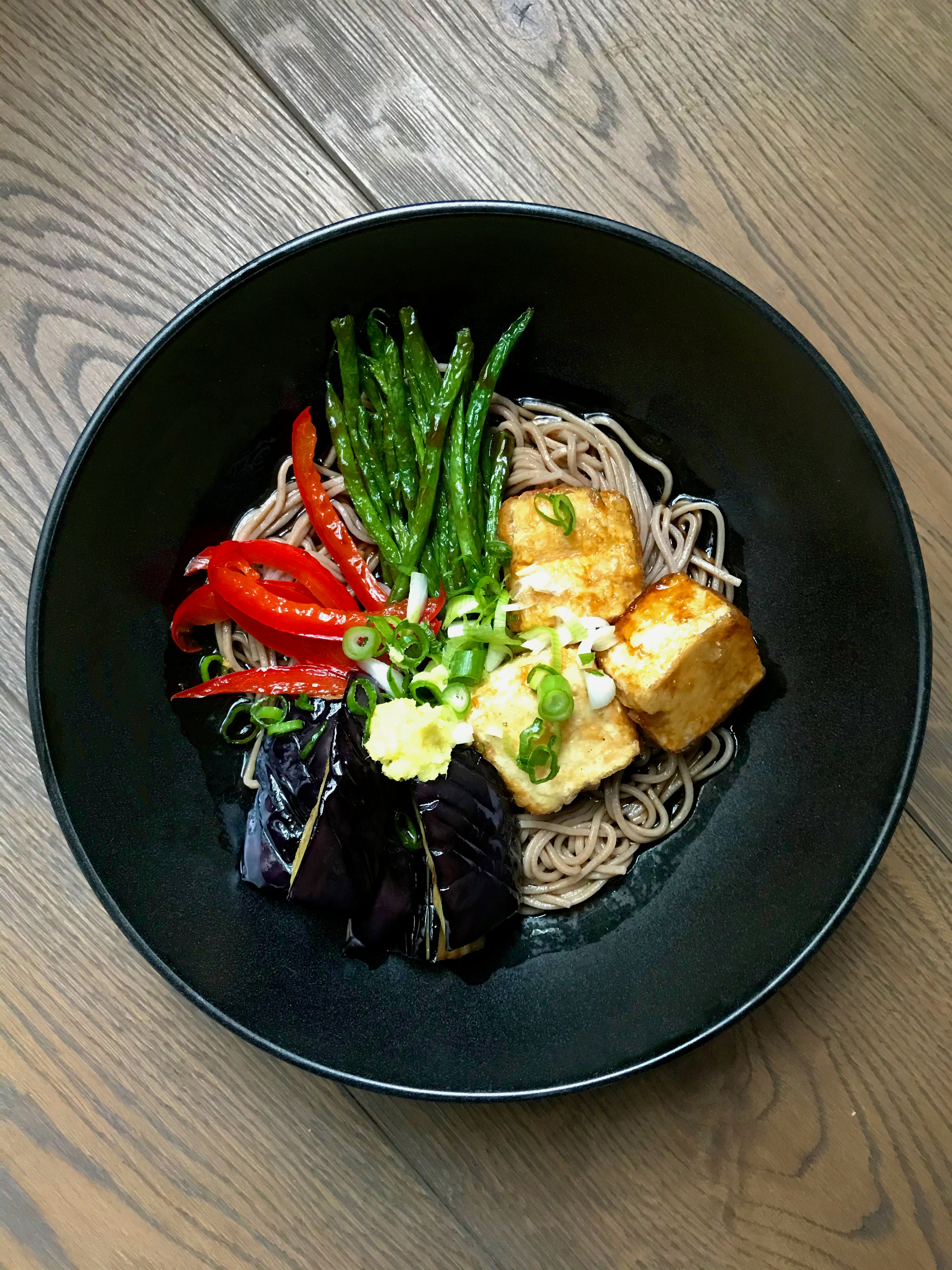 Agedashi aubergine soba noodle salad