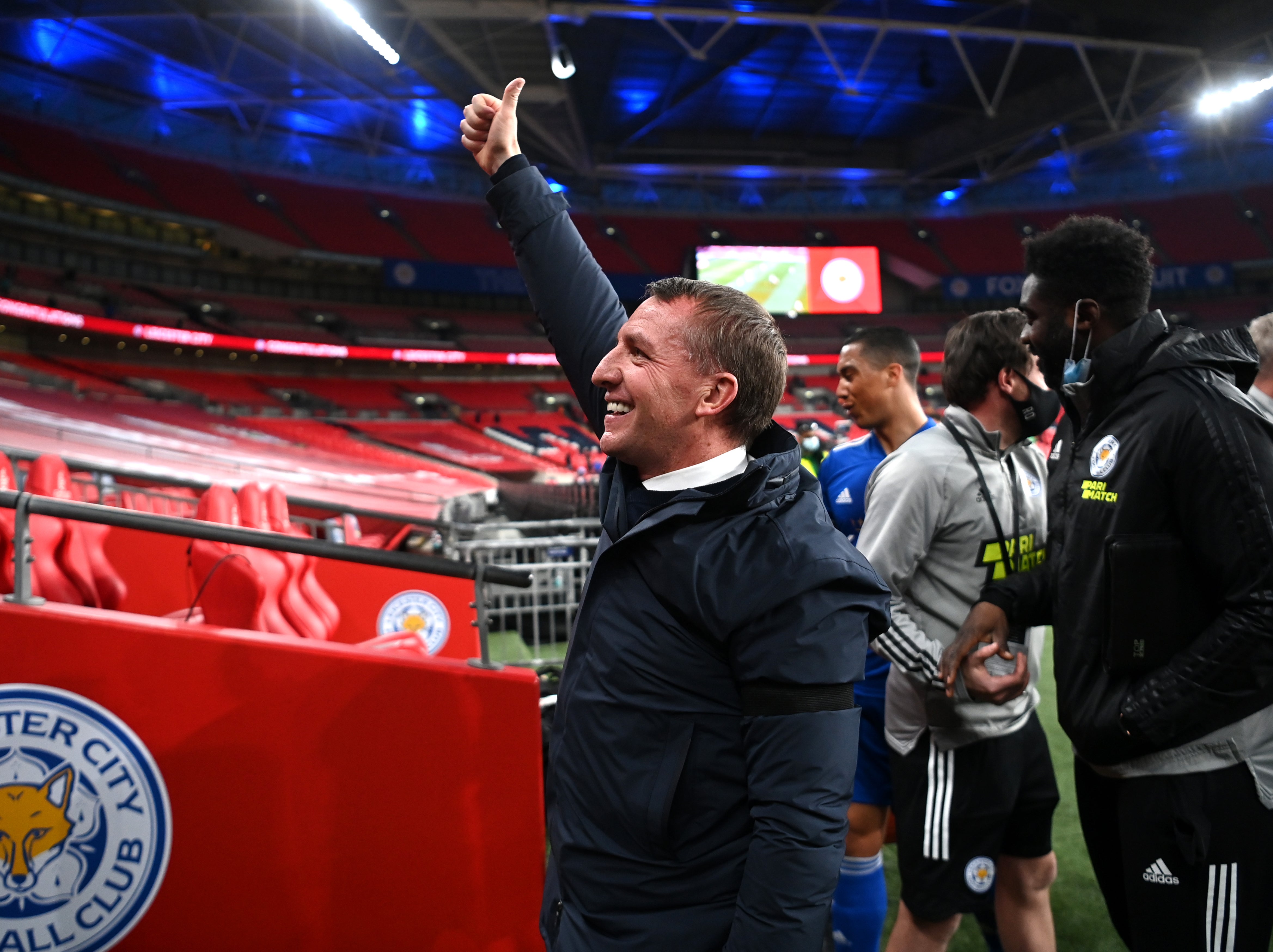 Brendan Rodgers celebrates after winning the FA Cup semi-final