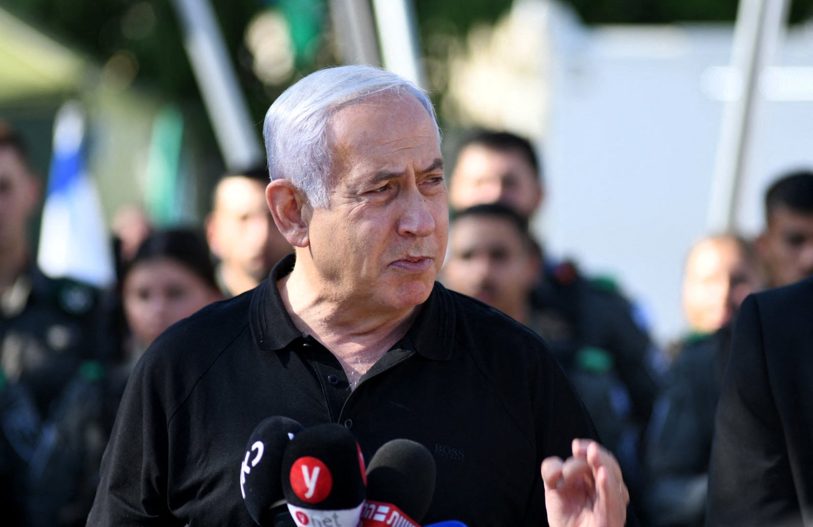 Israeli Prime Minister Benjamin Netanyahu speaks during a meeting with Israeli border police in the central city of Lod