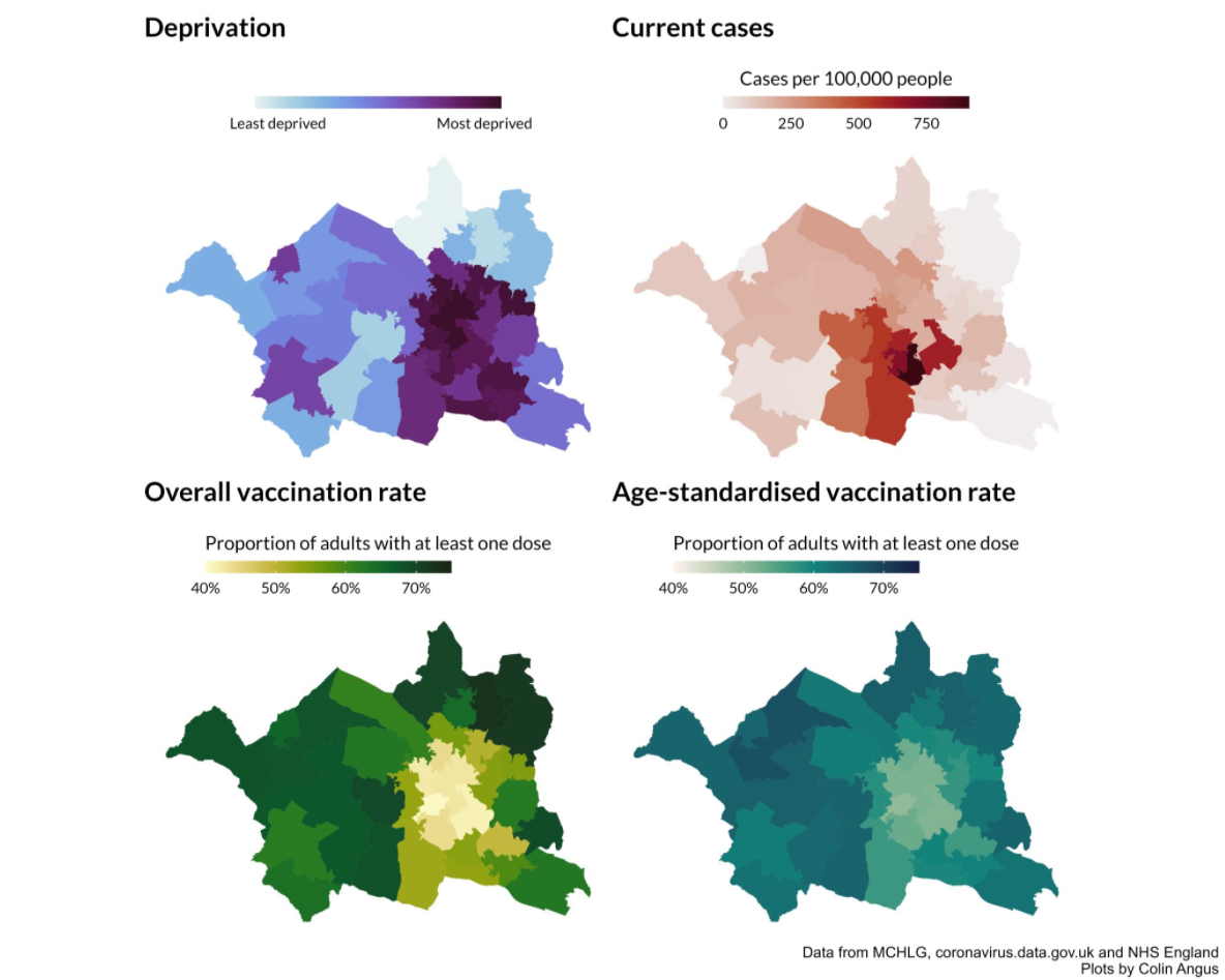 Maps showing deprivation, case numbers, and vaccination rates in Bolton