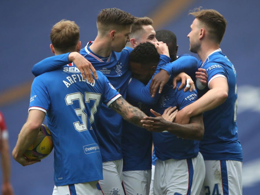 Rangers celebrate their fourth goal against Aberdeen