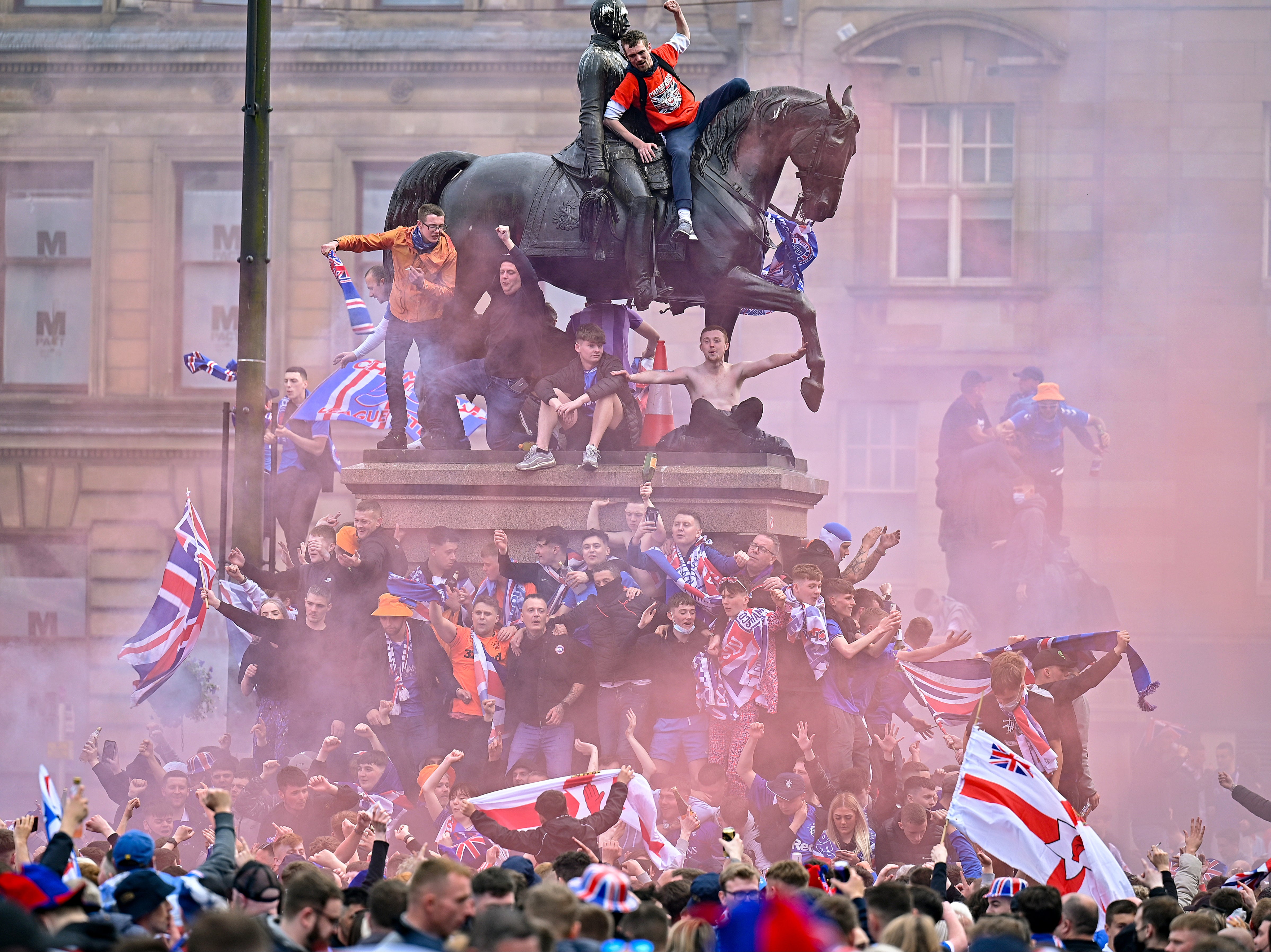 Rangers fans celebrate in George Square on Saturday