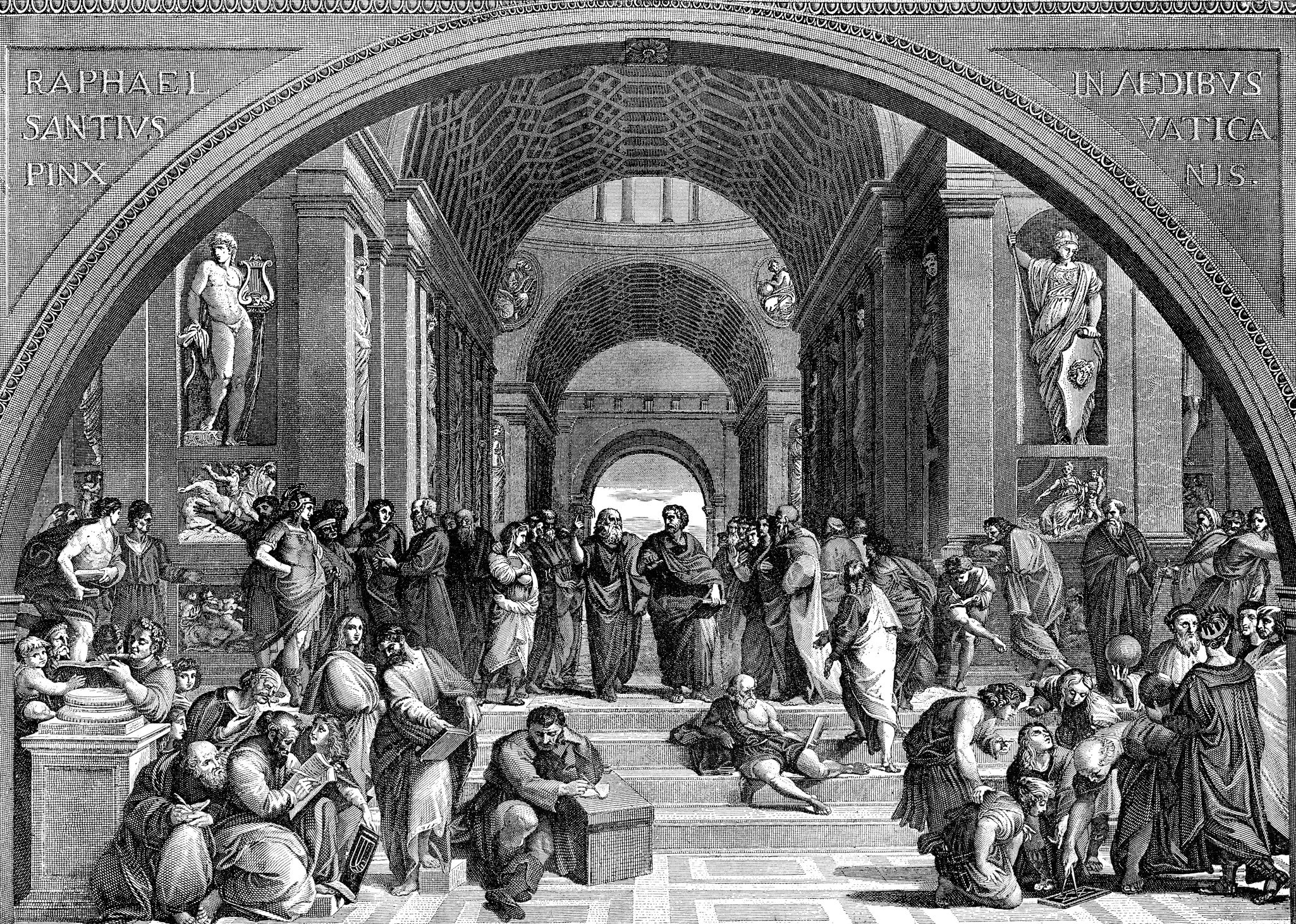 An engraving from 1894 showing the School of Athens by the medieval artist Raphael